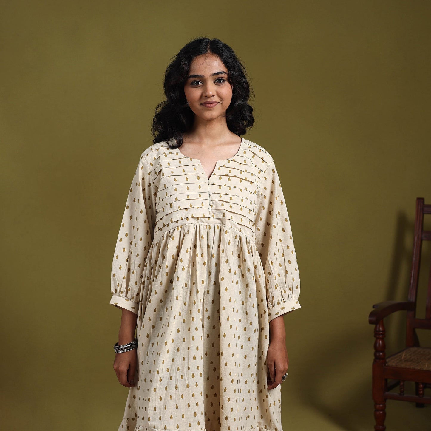 Natural dyed cotton pintuck tiered dress 16 - handcrafted