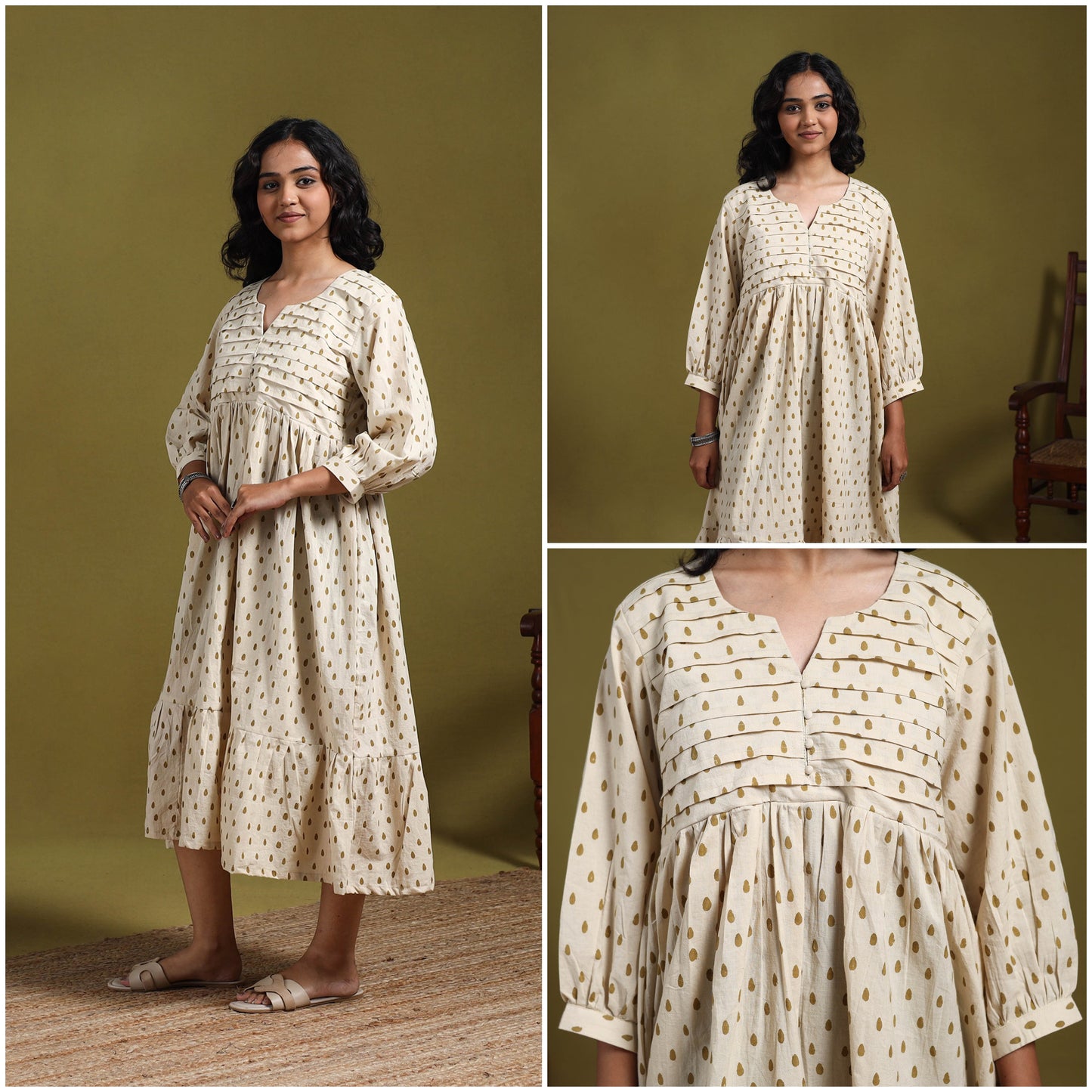 Natural dyed cotton pintuck tiered dress 16 - handcrafted