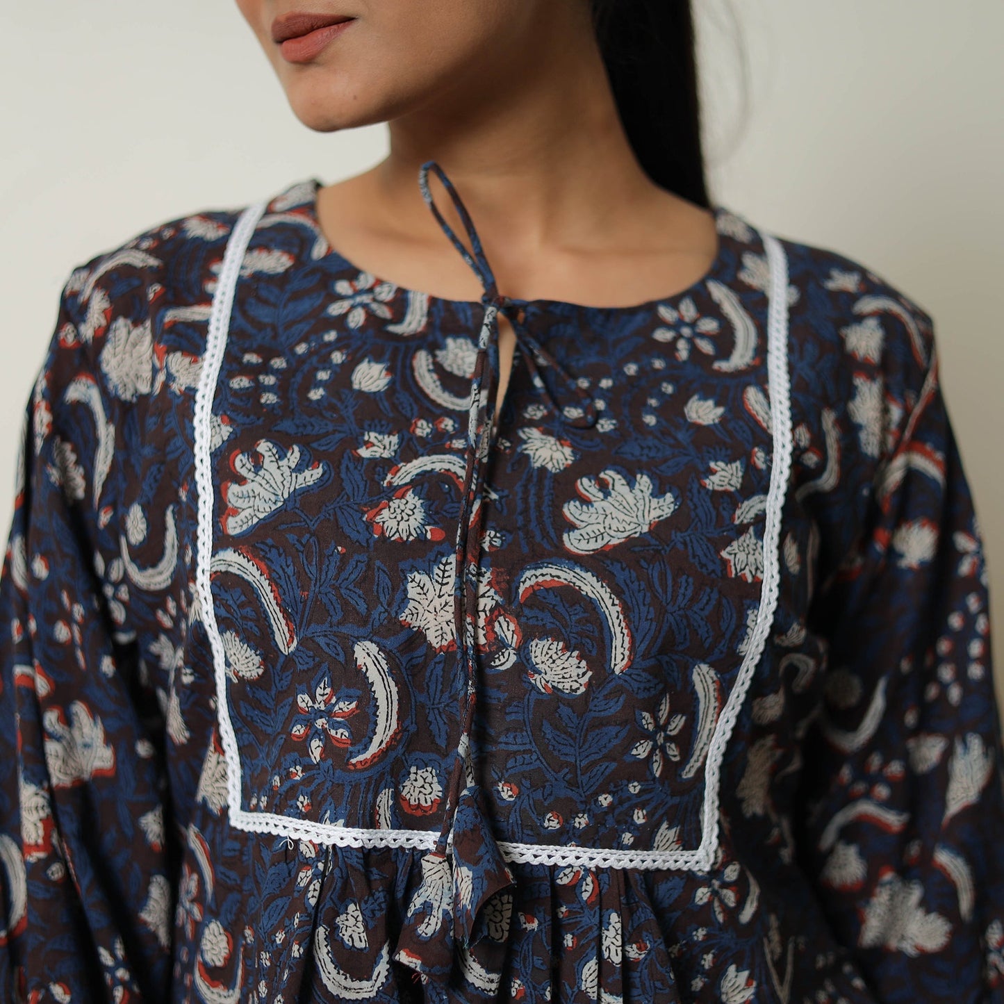 Blue Block Print Cotton Bagru Co-Ord Set with Lace Work