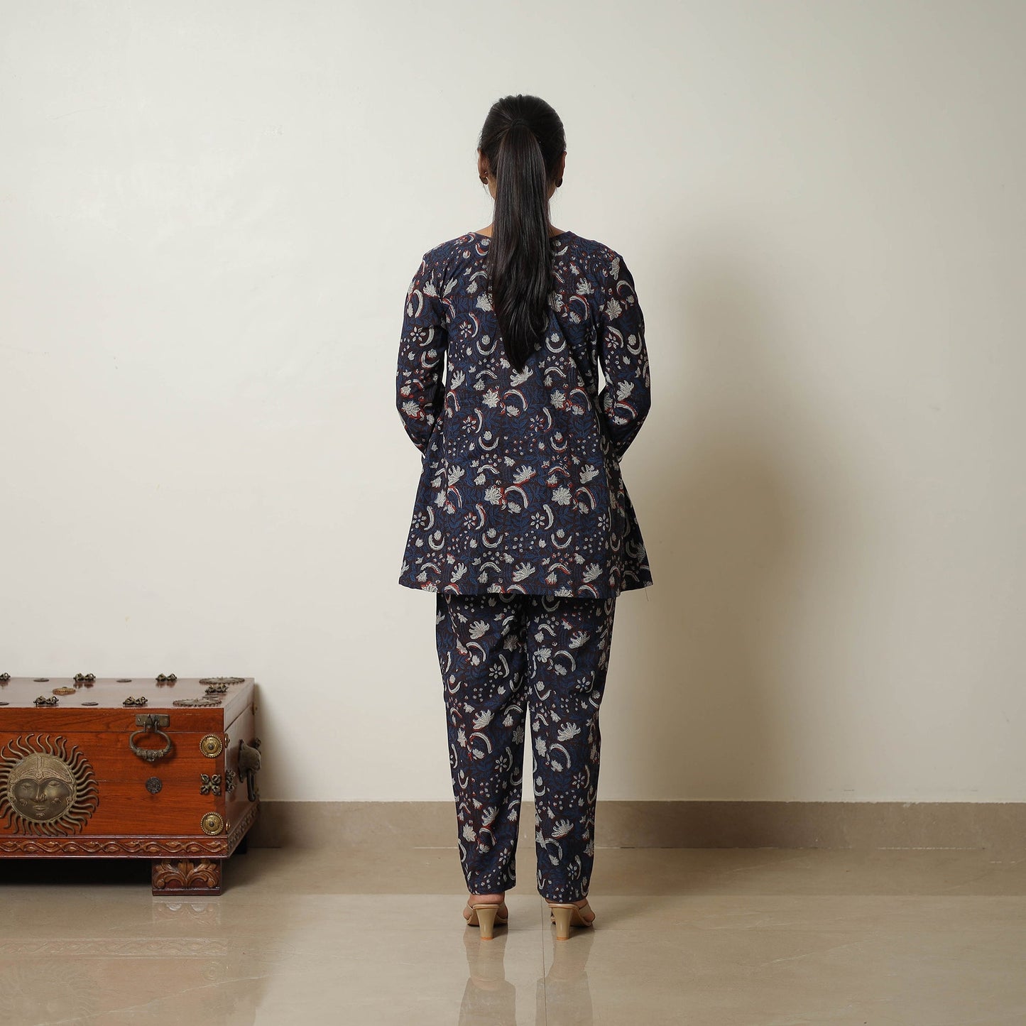 Blue Block Print Cotton Bagru Co-Ord Set with Lace Work