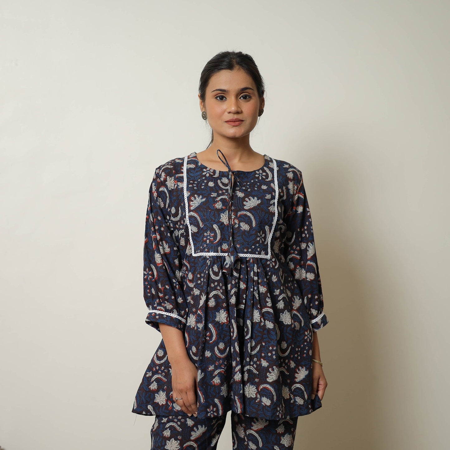 Blue Block Print Cotton Bagru Co-Ord Set with Lace Work