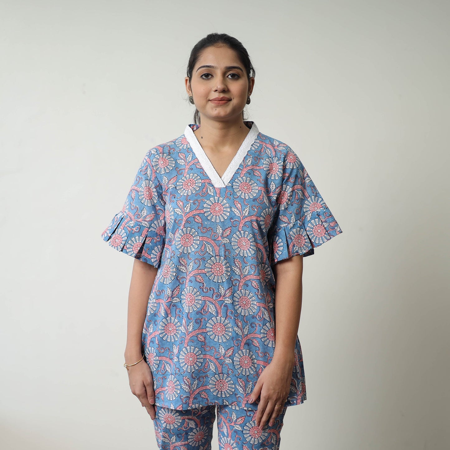 Blue Block Printed Cotton Sanganeri Co-Ord Set