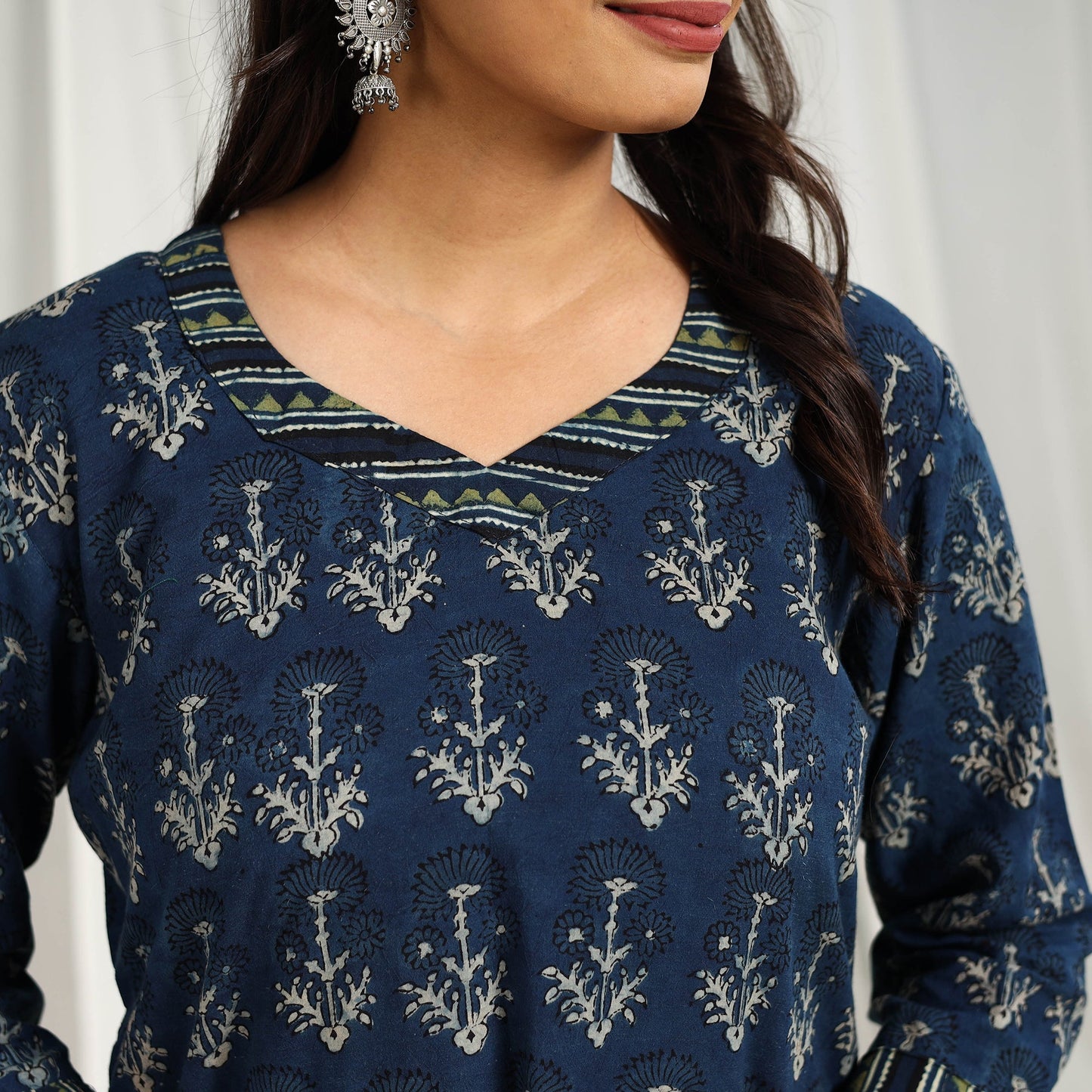 Block Print Cotton Blue Straight Ajrakh Kurta for Women