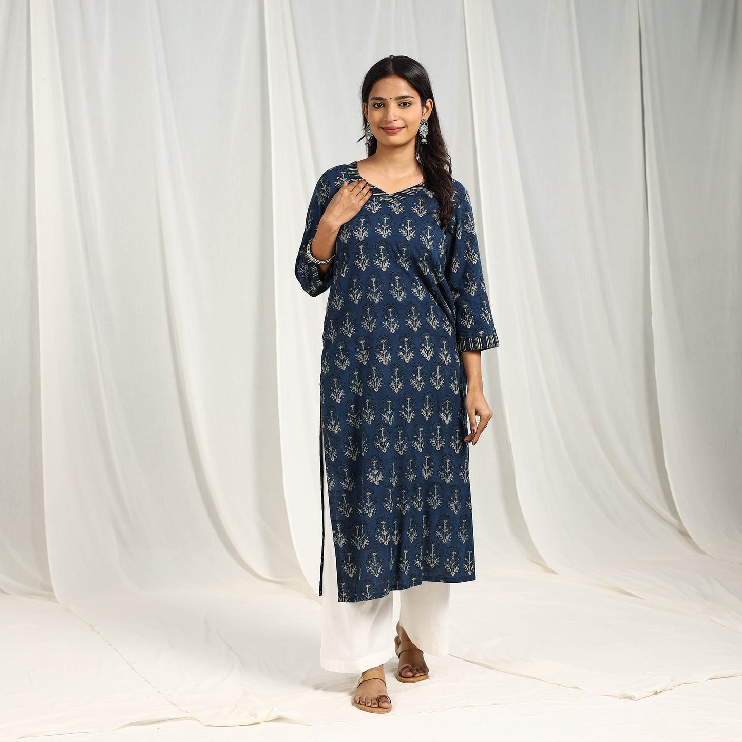 Block Print Cotton Blue Straight Ajrakh Kurta for Women