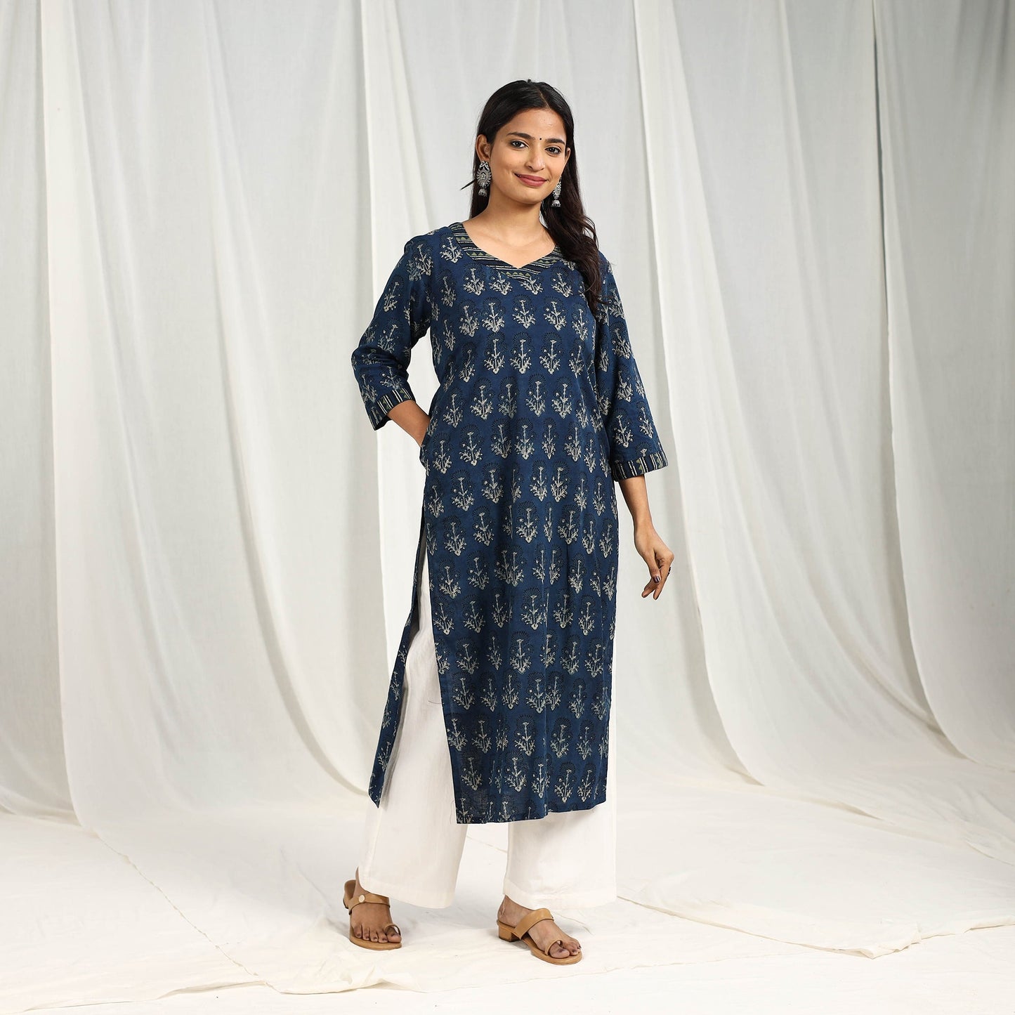 Block Print Cotton Blue Straight Ajrakh Kurta for Women