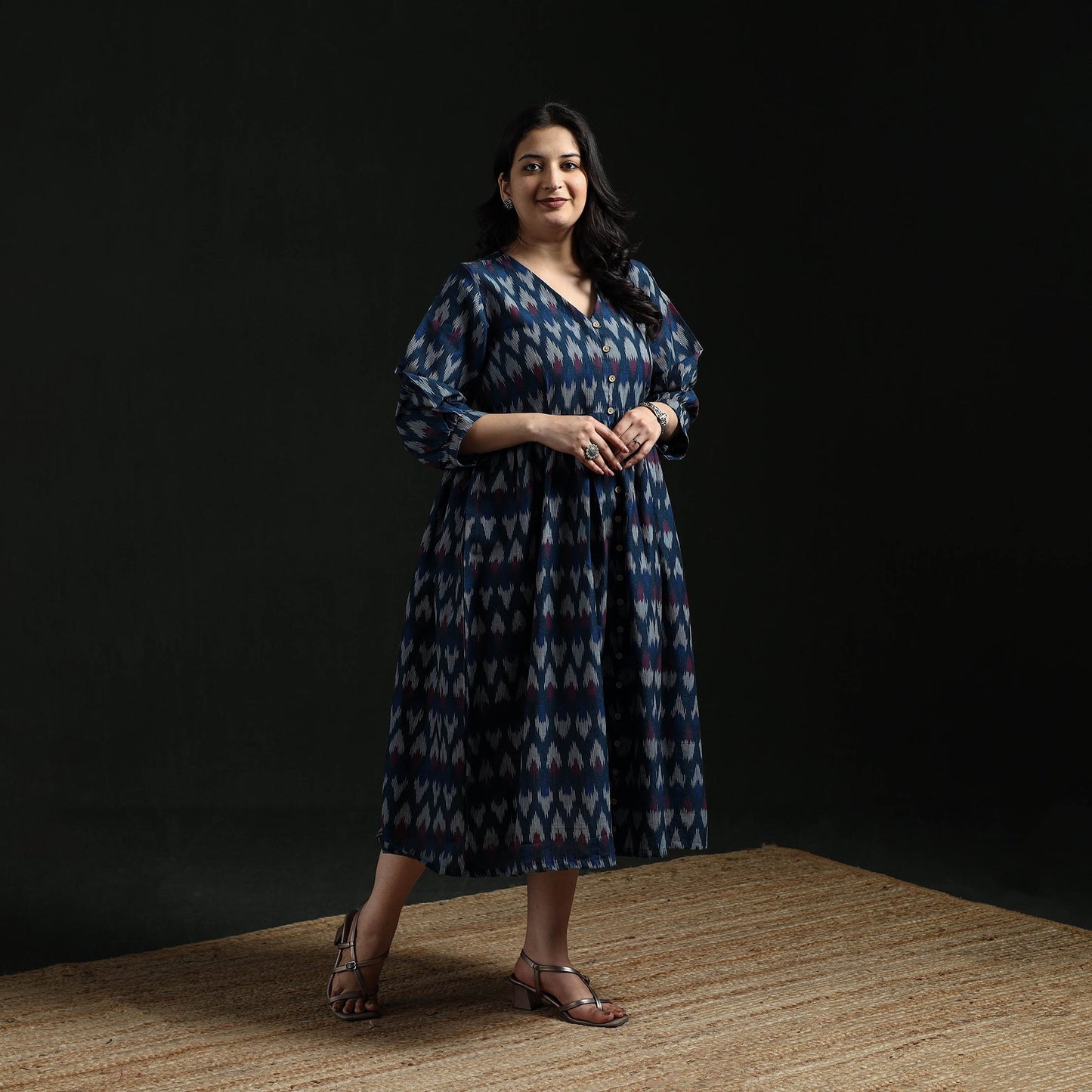 Button down flared cotton pochampally ikat dress 06