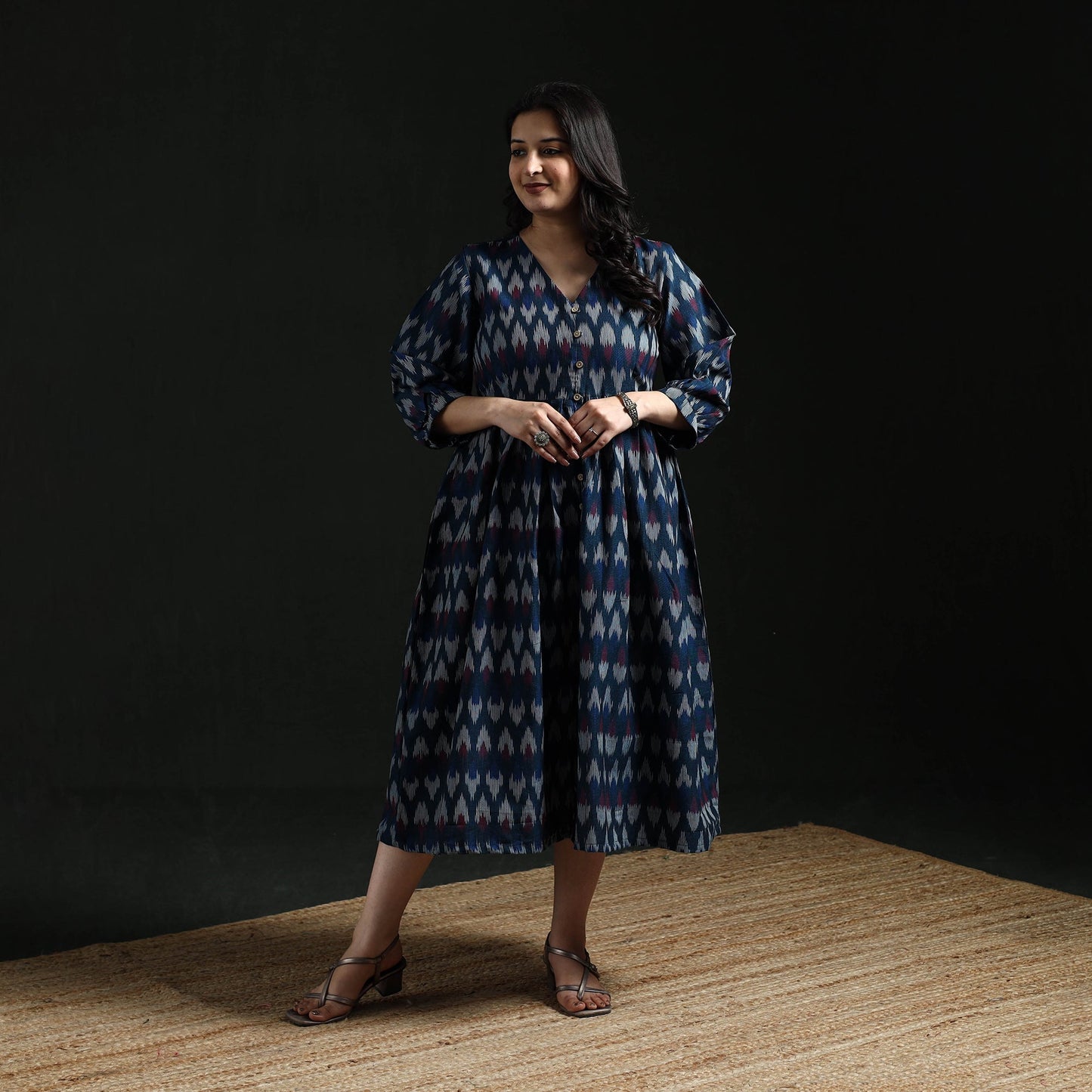Button down flared cotton pochampally ikat dress 06