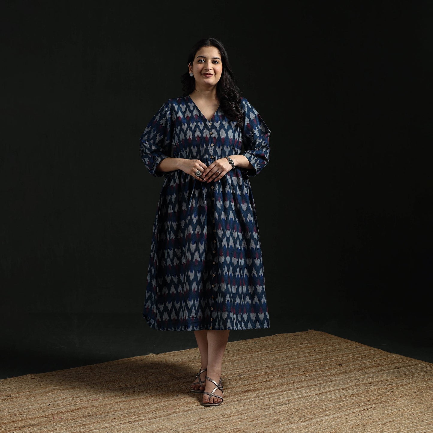 Button down flared cotton pochampally ikat dress 06