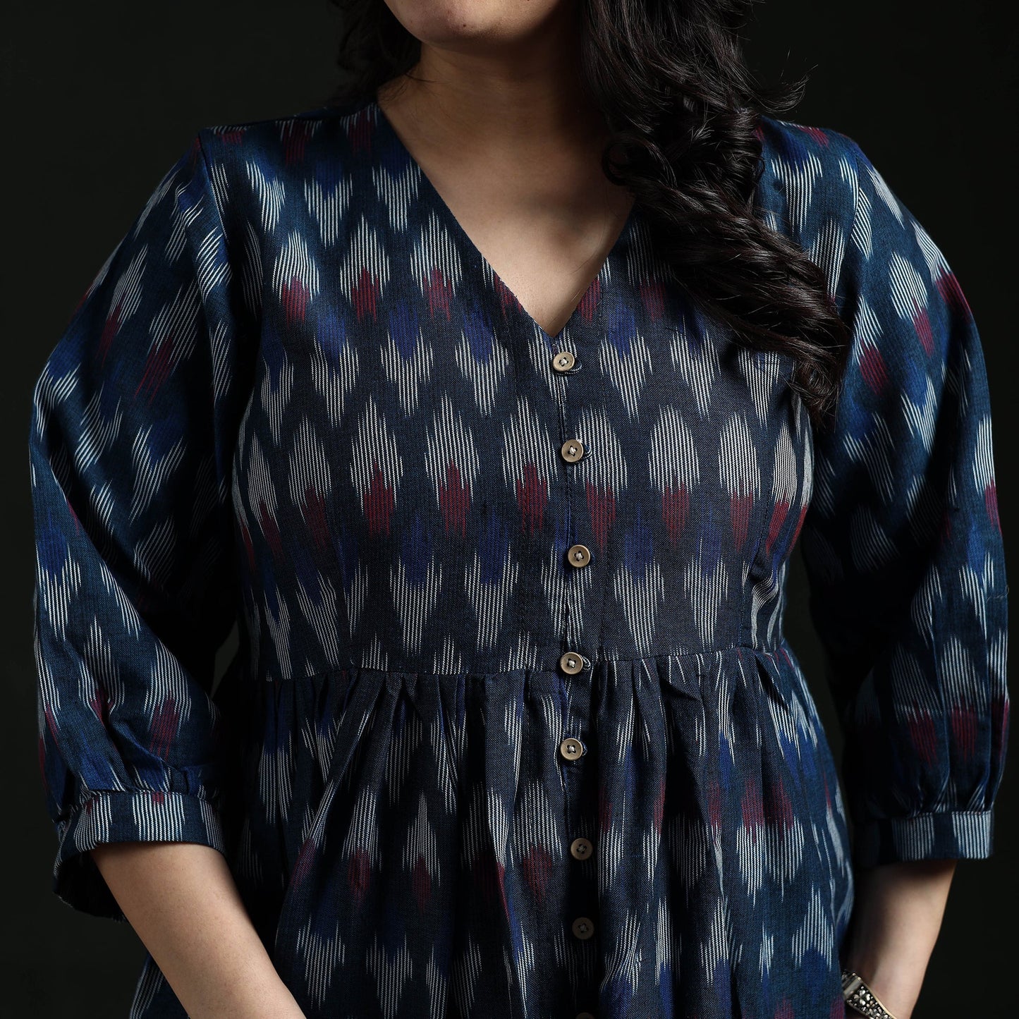 Button down flared cotton pochampally ikat dress 06