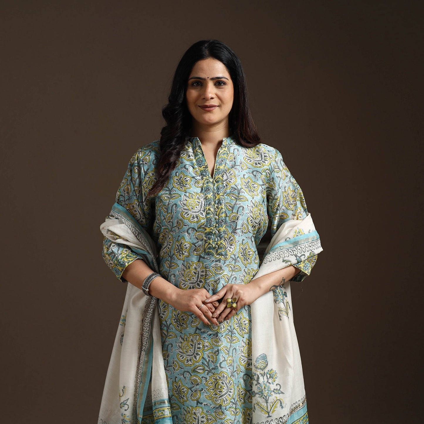 Blue - chanderi silk sanganeri suit set with dupatta