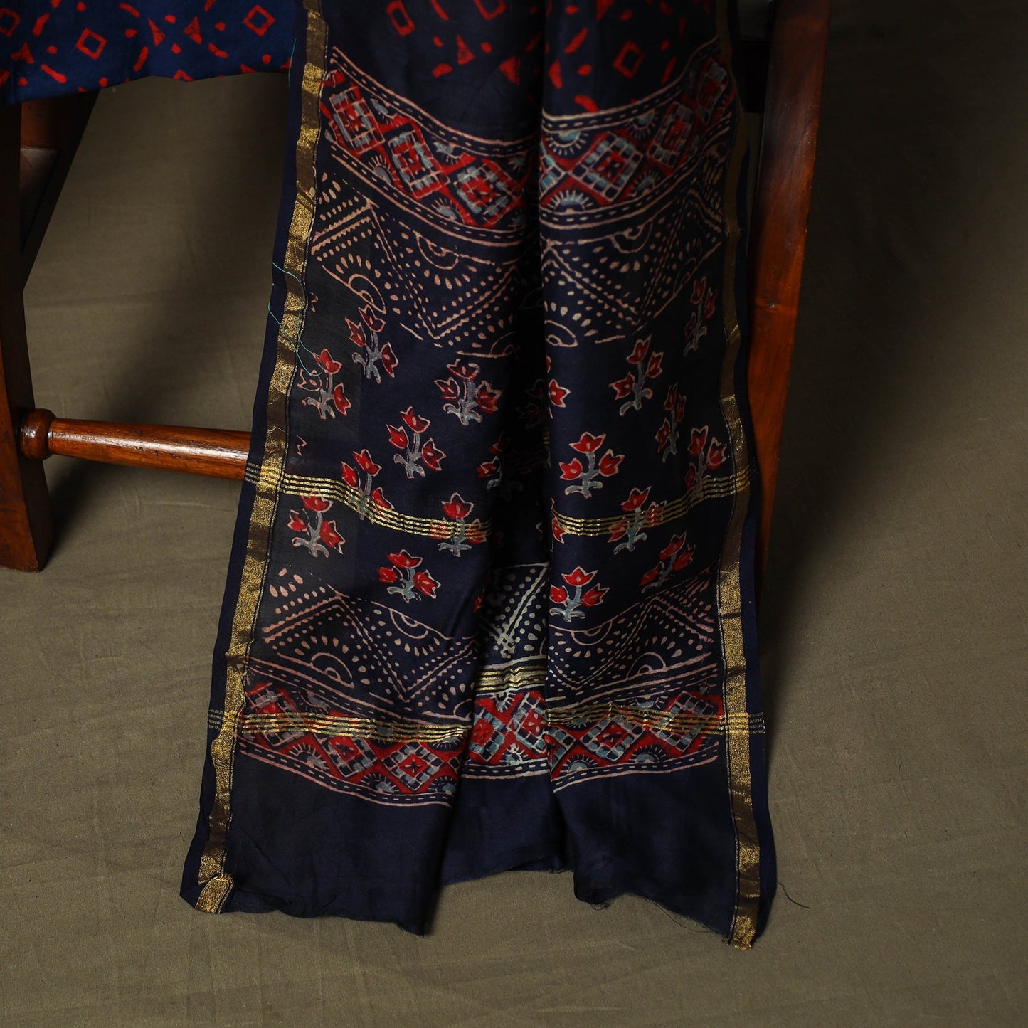 Chanderi silk hand block ajrakh print 3pc unstitched dress