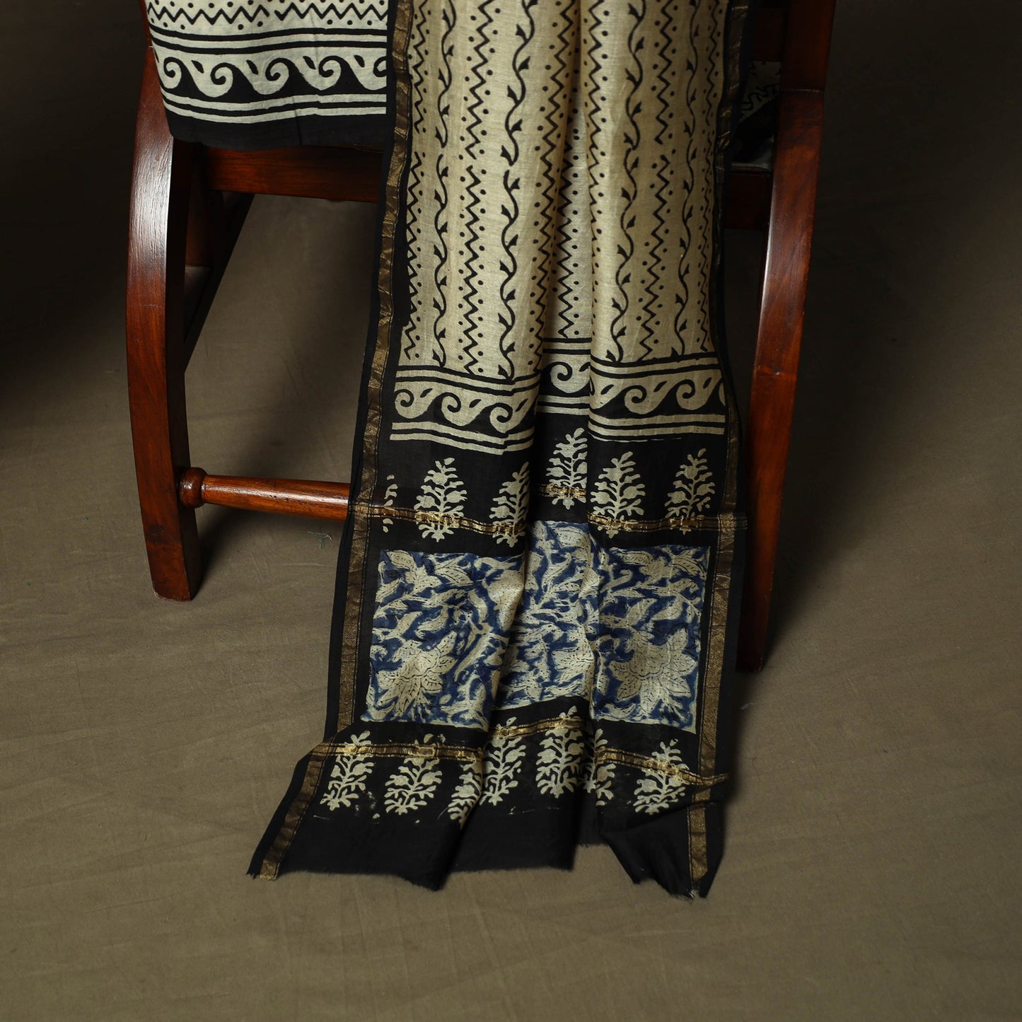 Chanderi silk hand block bagru print 3pc unstitched dress