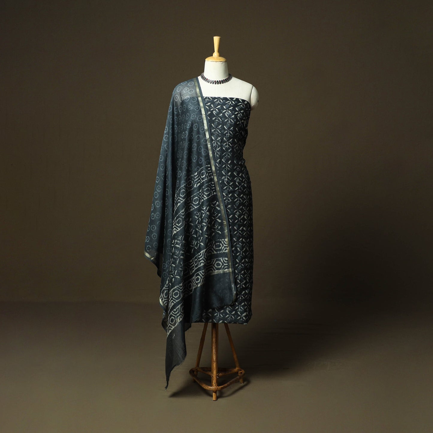 Chanderi silk hand block bagru print 3pc unstitched dress
