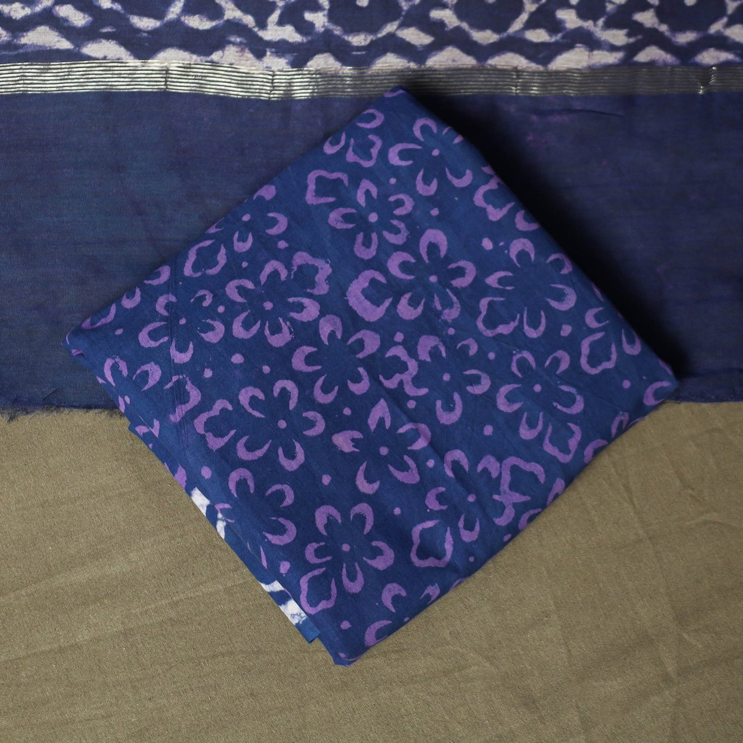 Chanderi silk hand block bagru print 3pc unstitched dress