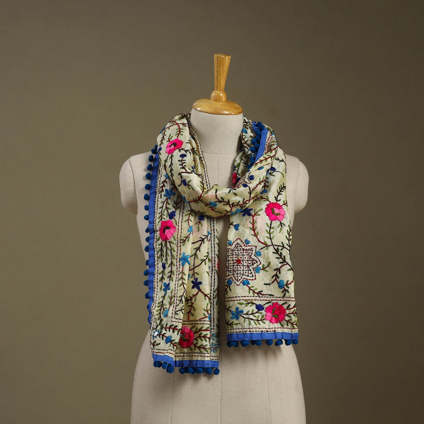 Blue Chanderi Silk Hand Embroidered Stole