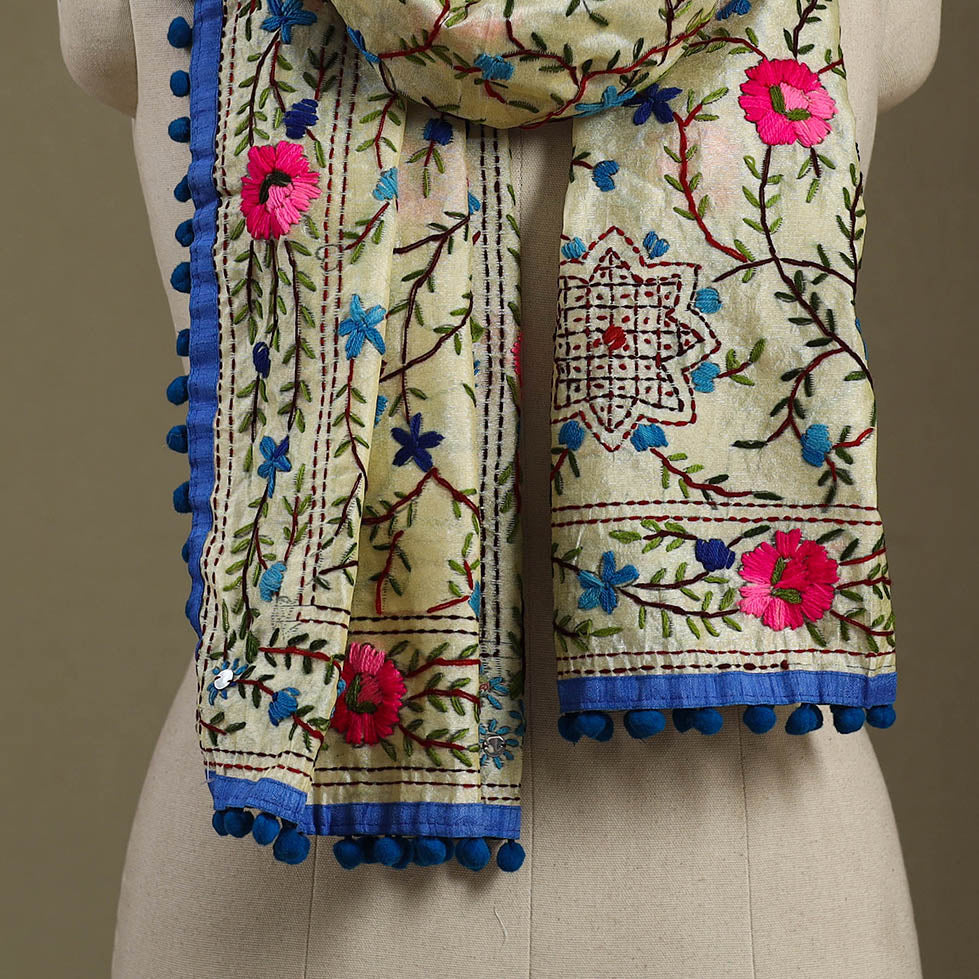 Blue Chanderi Silk Hand Embroidered Stole