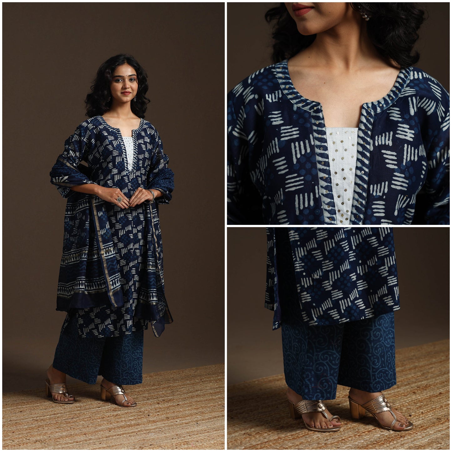 Blue - chanderi silk hand embroidery indigo bagru suit set
