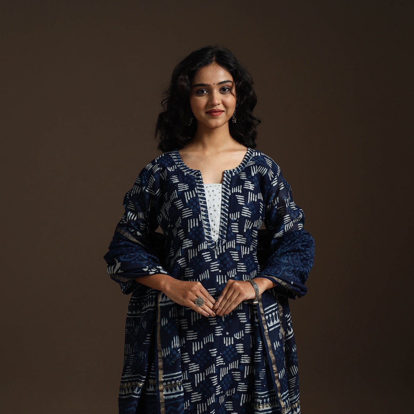 Blue - chanderi silk hand embroidery indigo bagru suit set