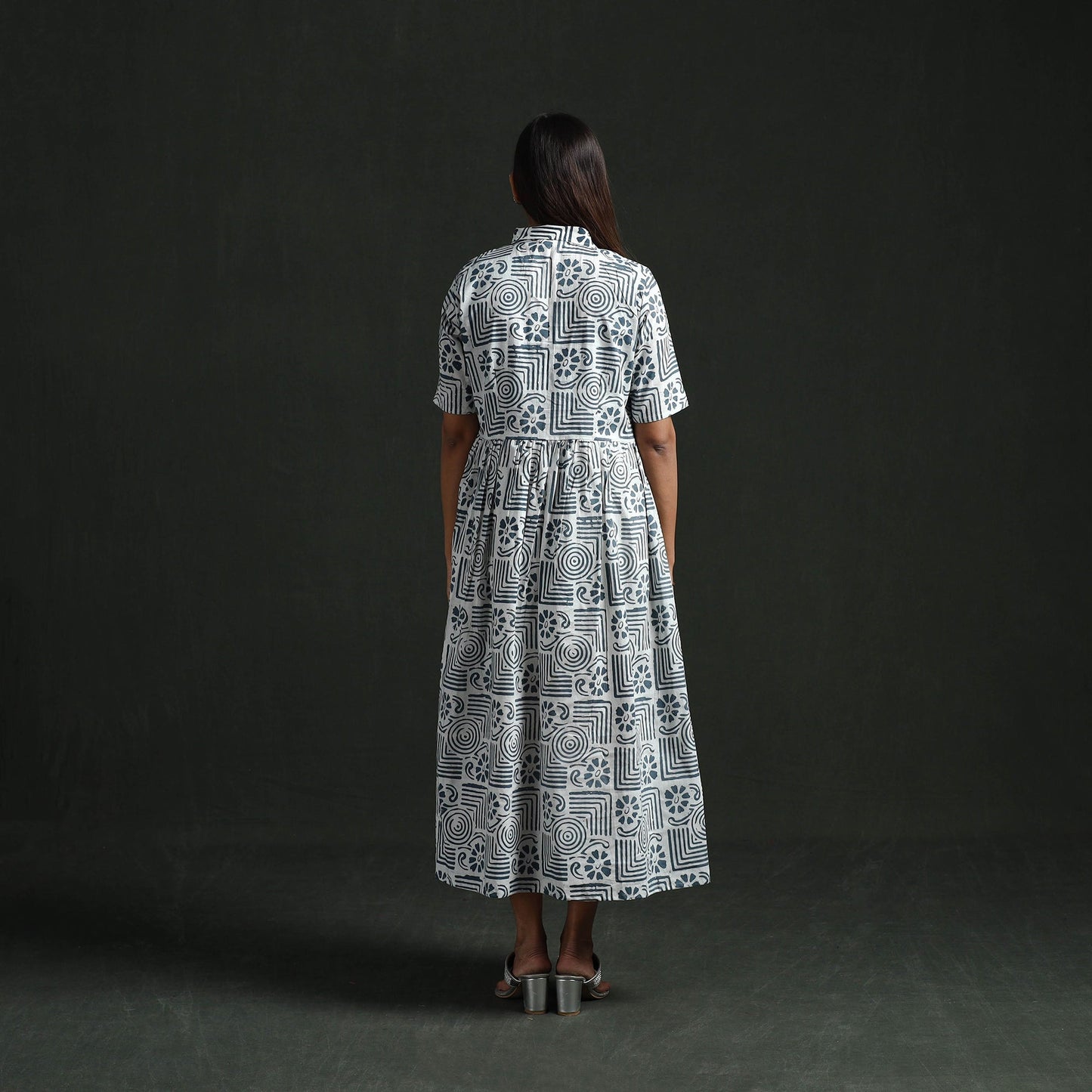 Collared neck buttoned down flared cotton hand block batik