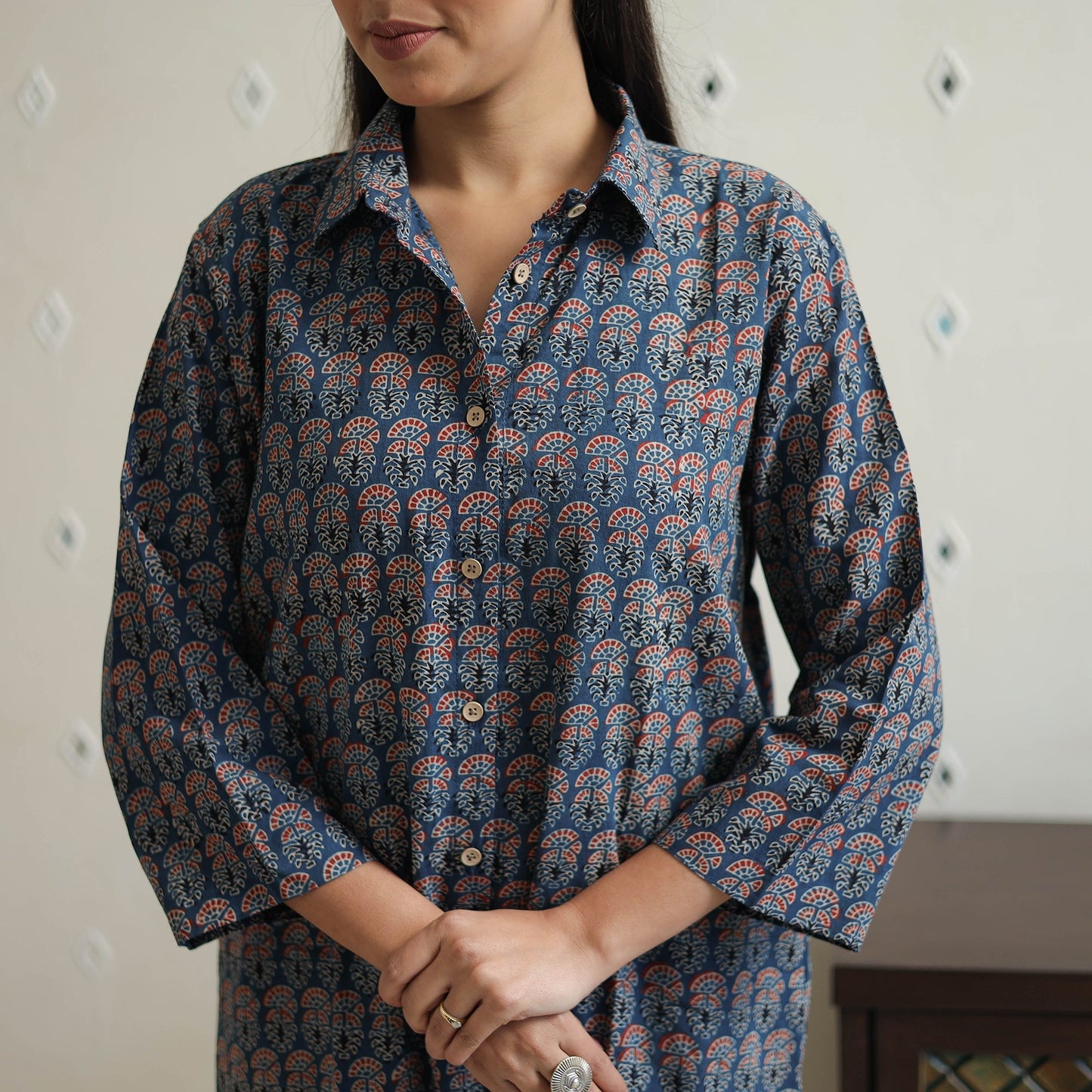 Buy Blue Cotton Ajrakh Block Print Night Suit Set