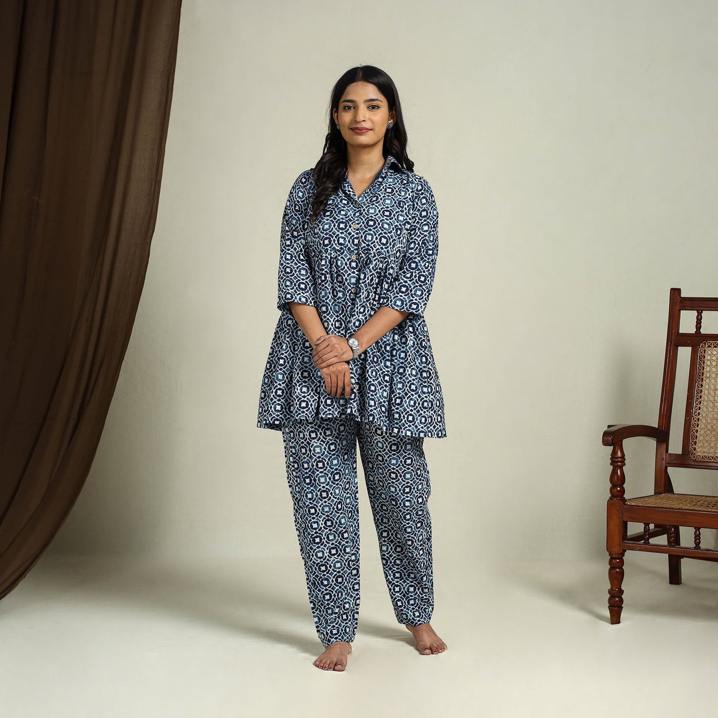 Blue Block Print Cotton Bagru Night Suit Set