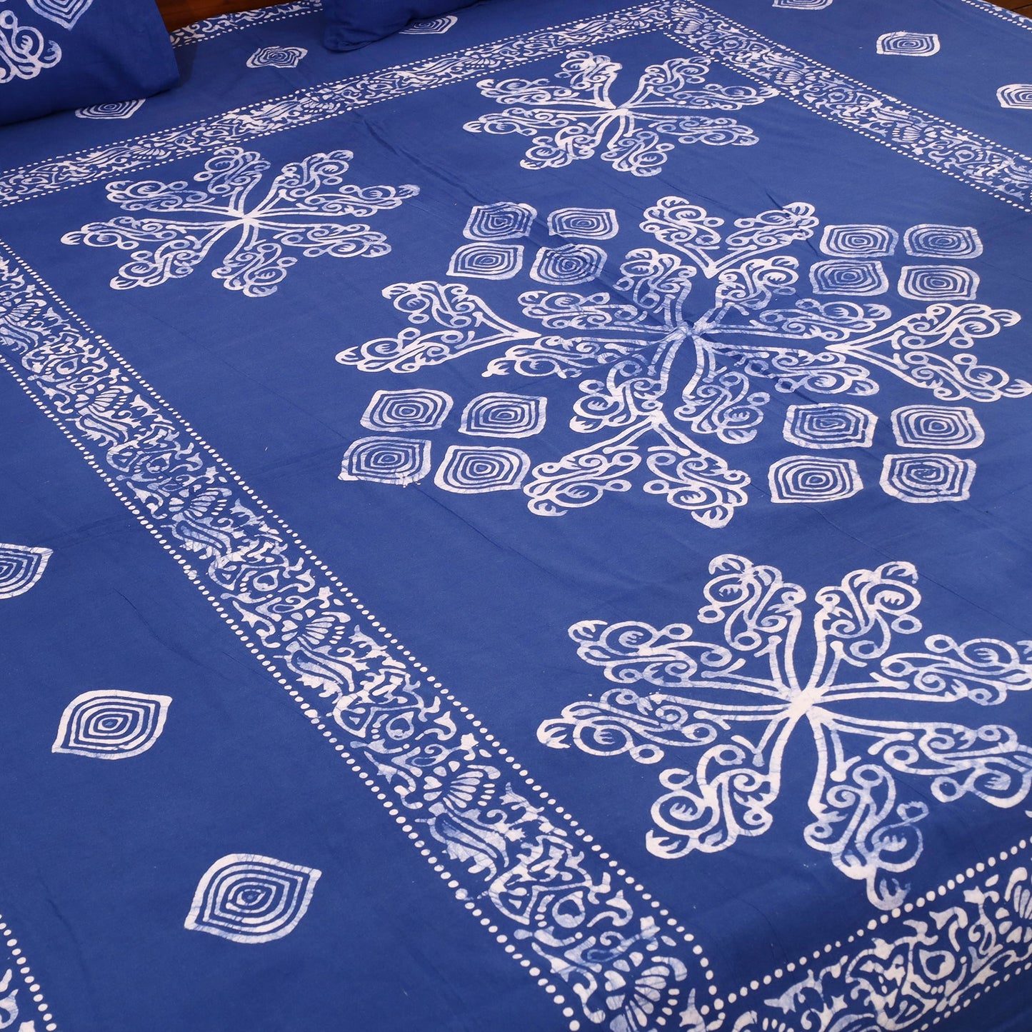 Blue Cotton Double Hand Batik Print Bed Sheet Set