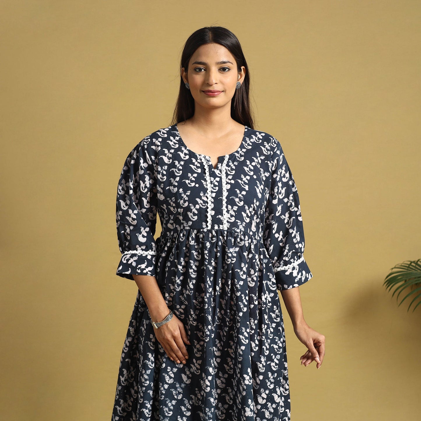 Blue Cotton Flared Hand Batik Print Dress