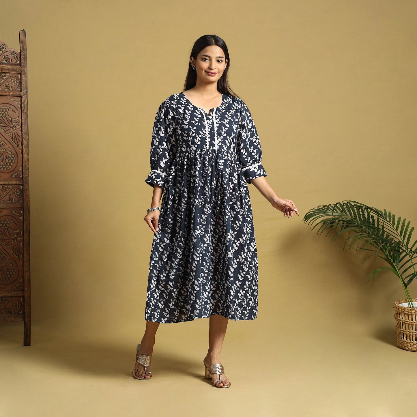 Blue Cotton Flared Hand Batik Print Dress