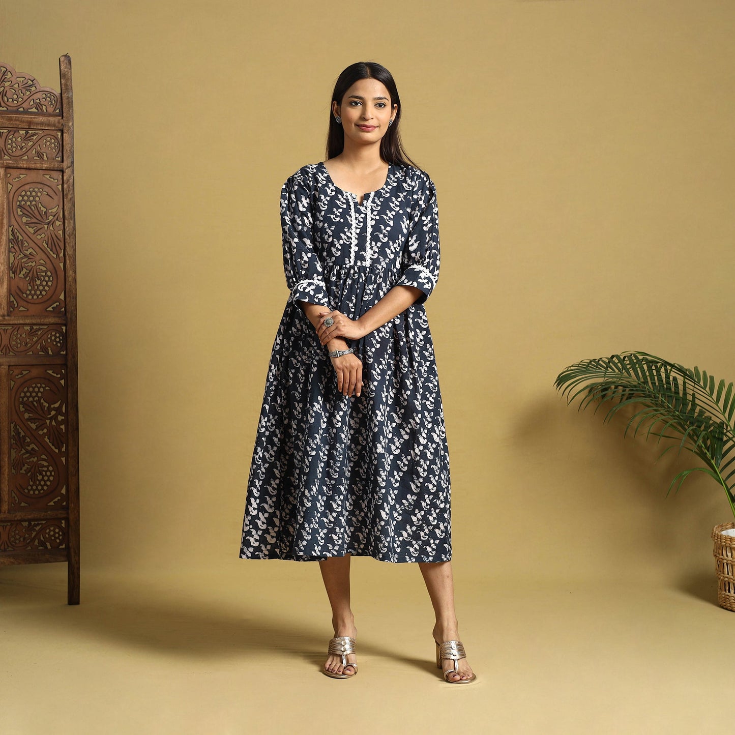 Blue Cotton Flared Hand Batik Print Dress