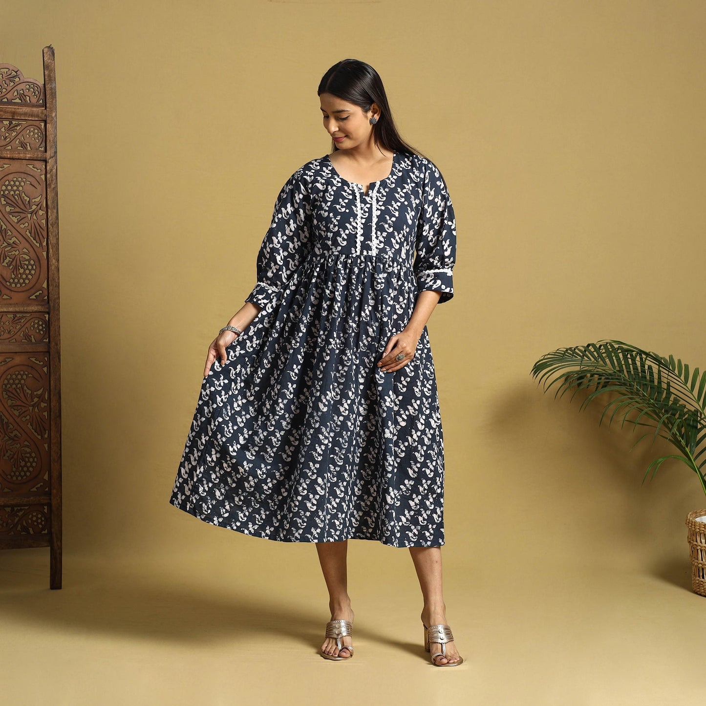 Blue Cotton Flared Hand Batik Print Dress
