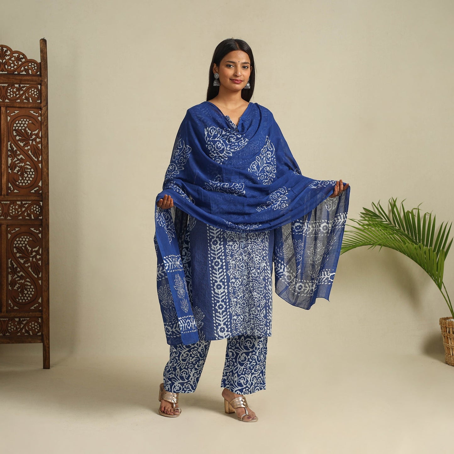 Blue Cotton Hand Batik Print Suit Set
