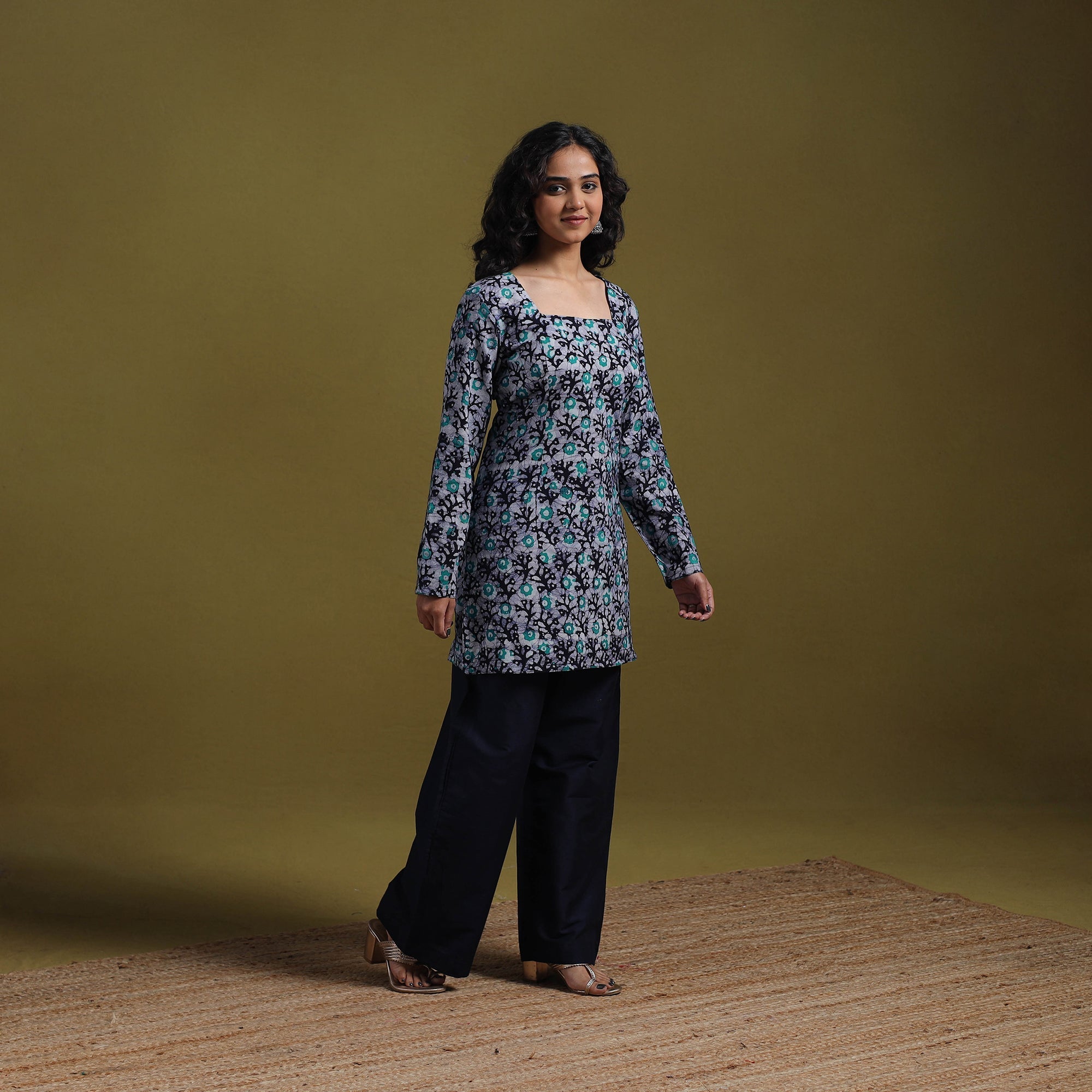 Blue - Cotton Hand Block Batik Print Short Kurta for women 05