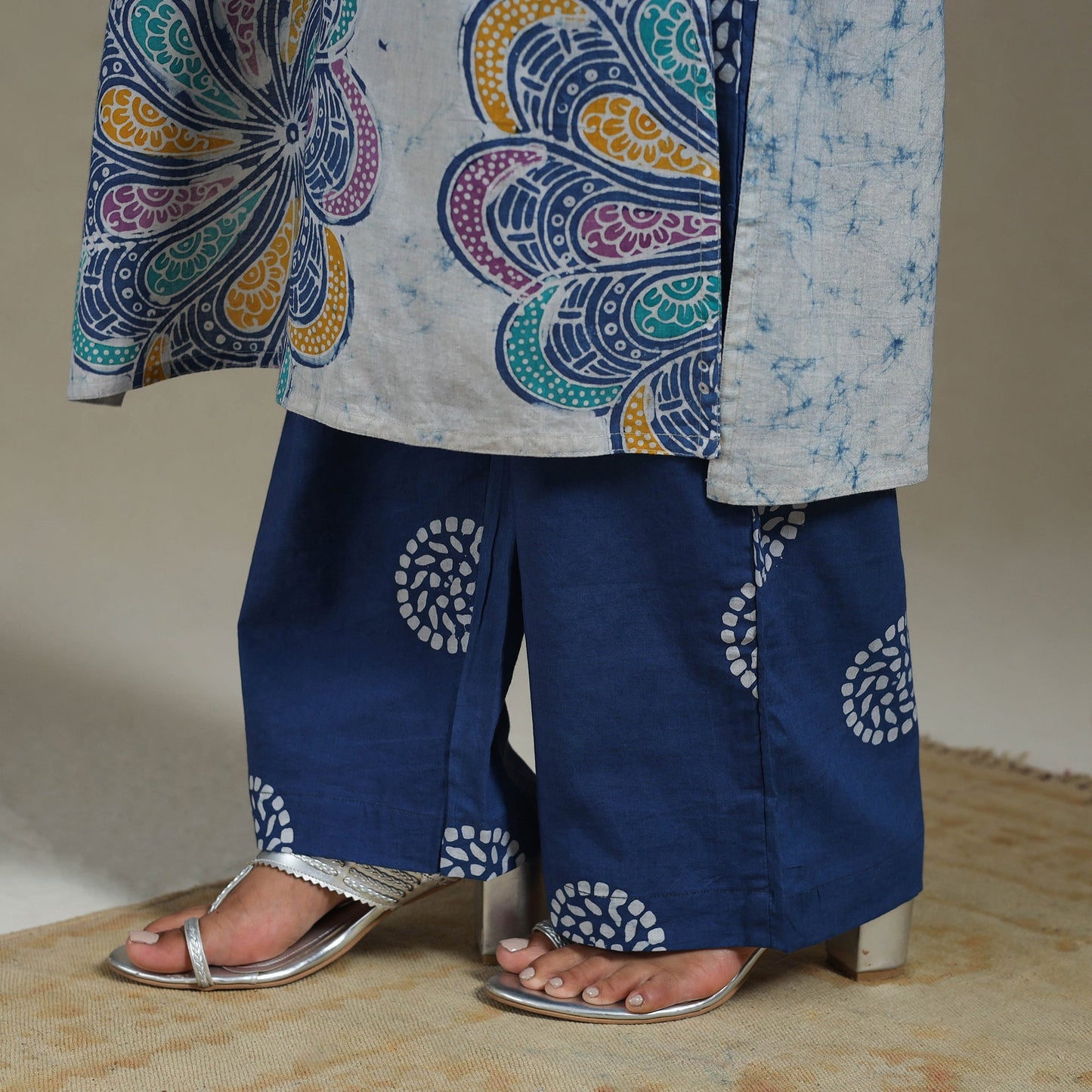 Blue Cotton Indonesian Hand Batik Print Kurta Set (Set of 3)