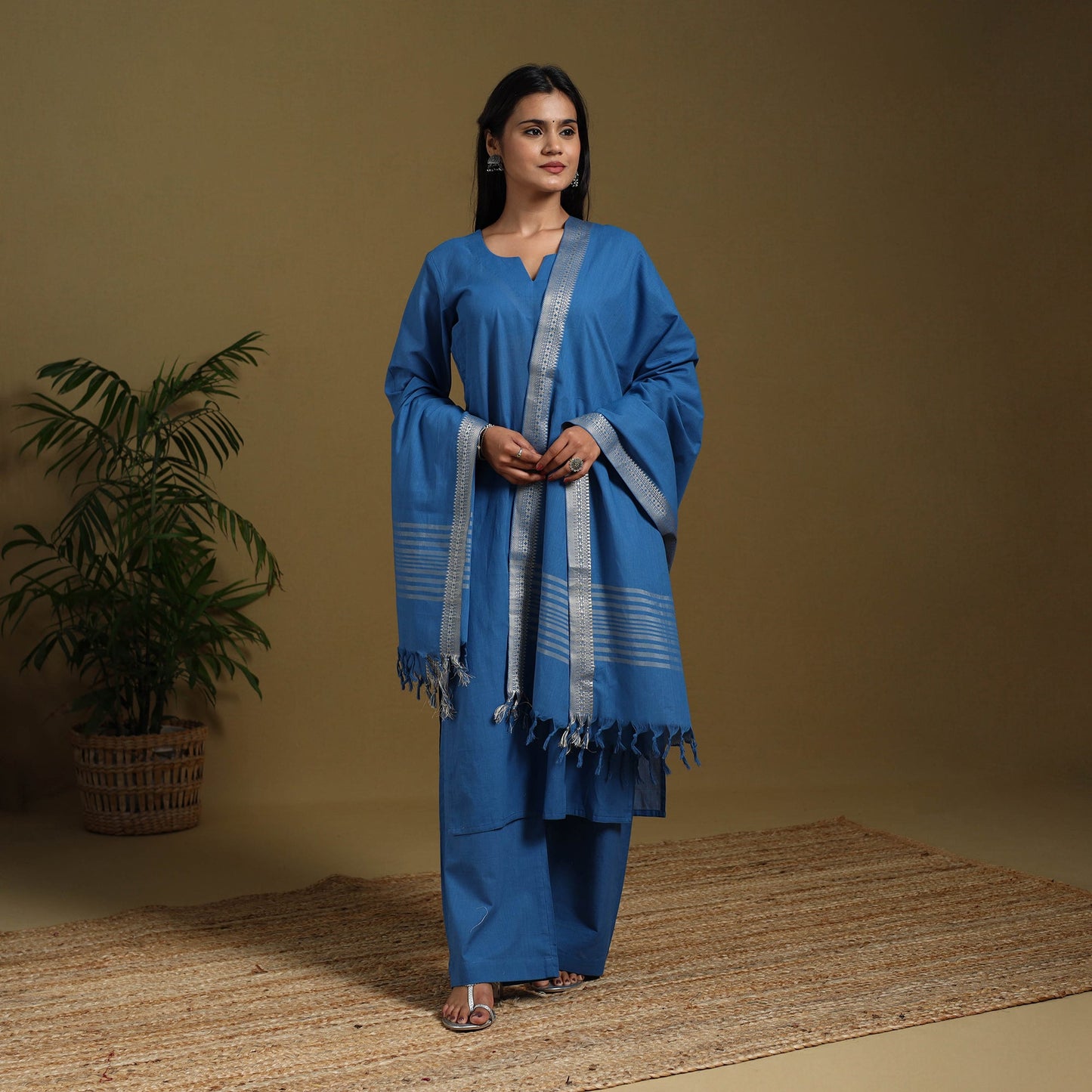 Blue - cotton jacquard kurta set (set of 3) 04 - handcrafted