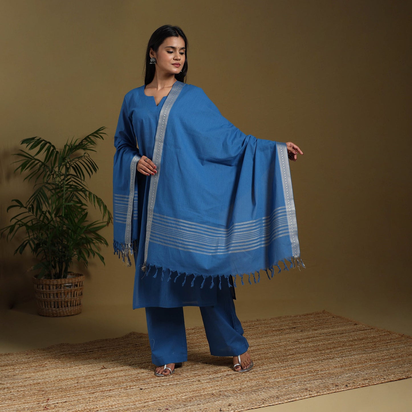 Blue - cotton jacquard kurta set (set of 3) 04 - handcrafted