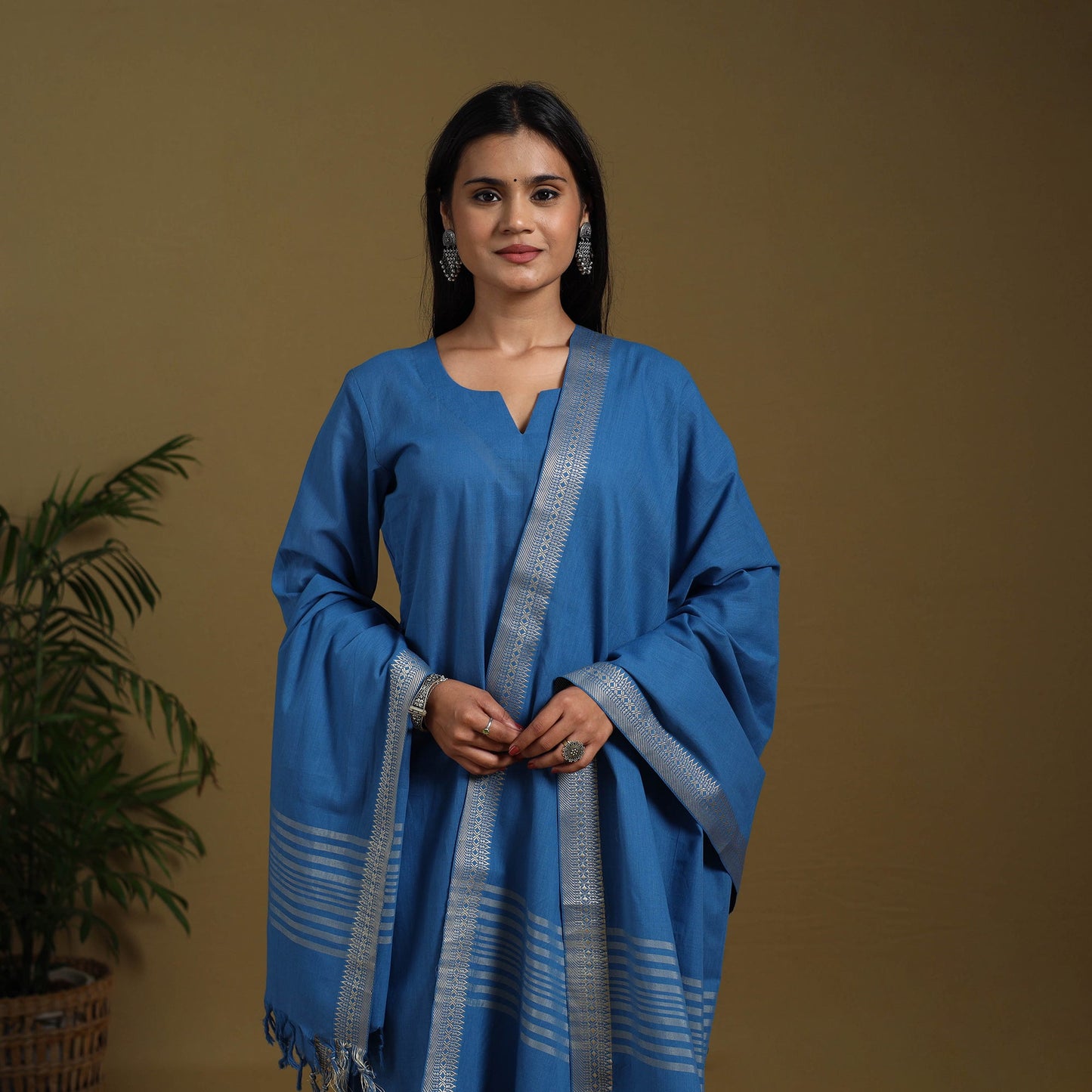 Blue - cotton jacquard kurta set (set of 3) 04 - handcrafted