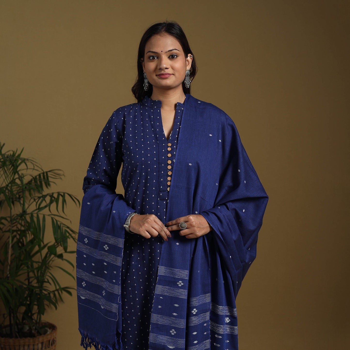 Blue - cotton jacquard kurta set (set of 3) 09 - handcrafted