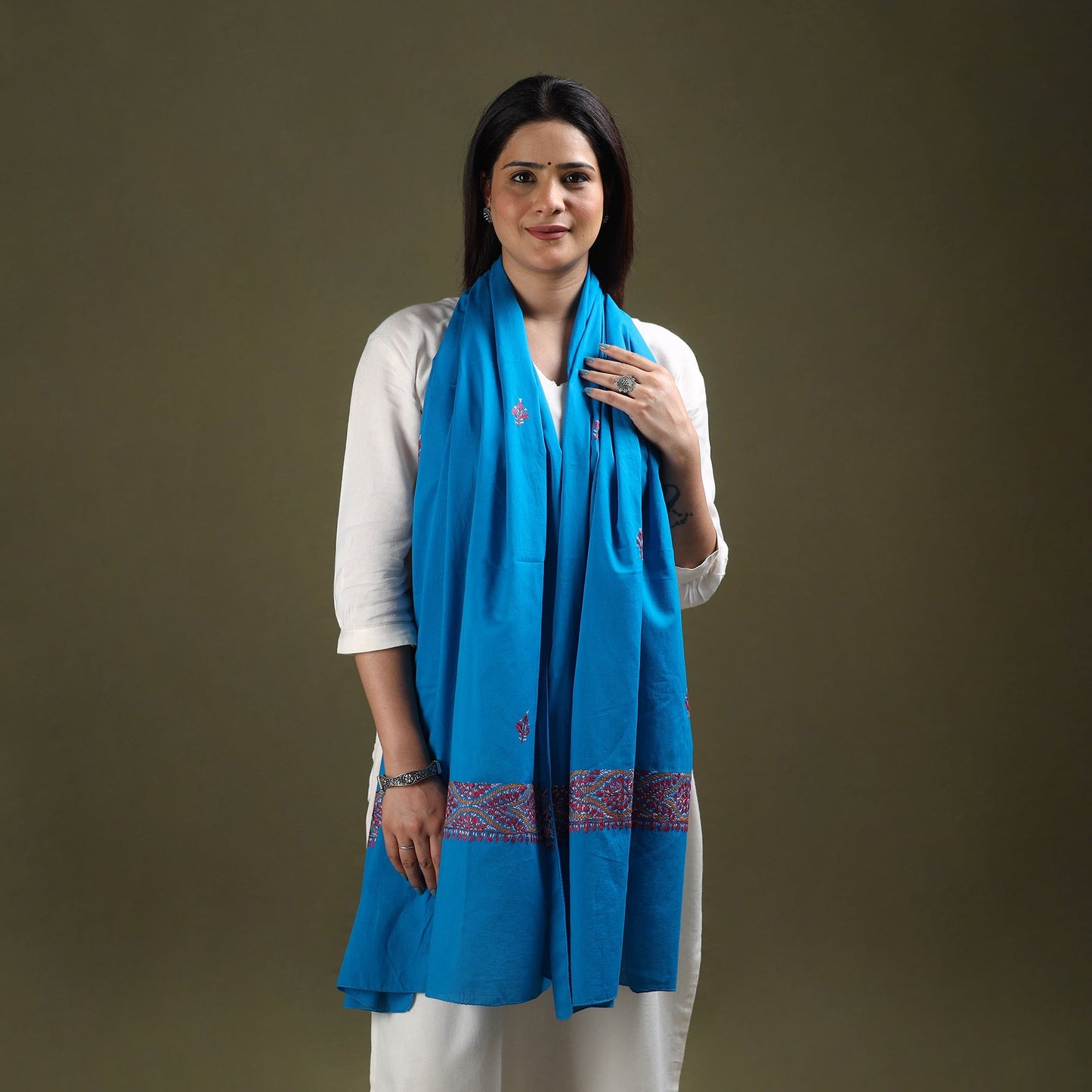 Buy Blue Cotton Kashida Embroidery Stole