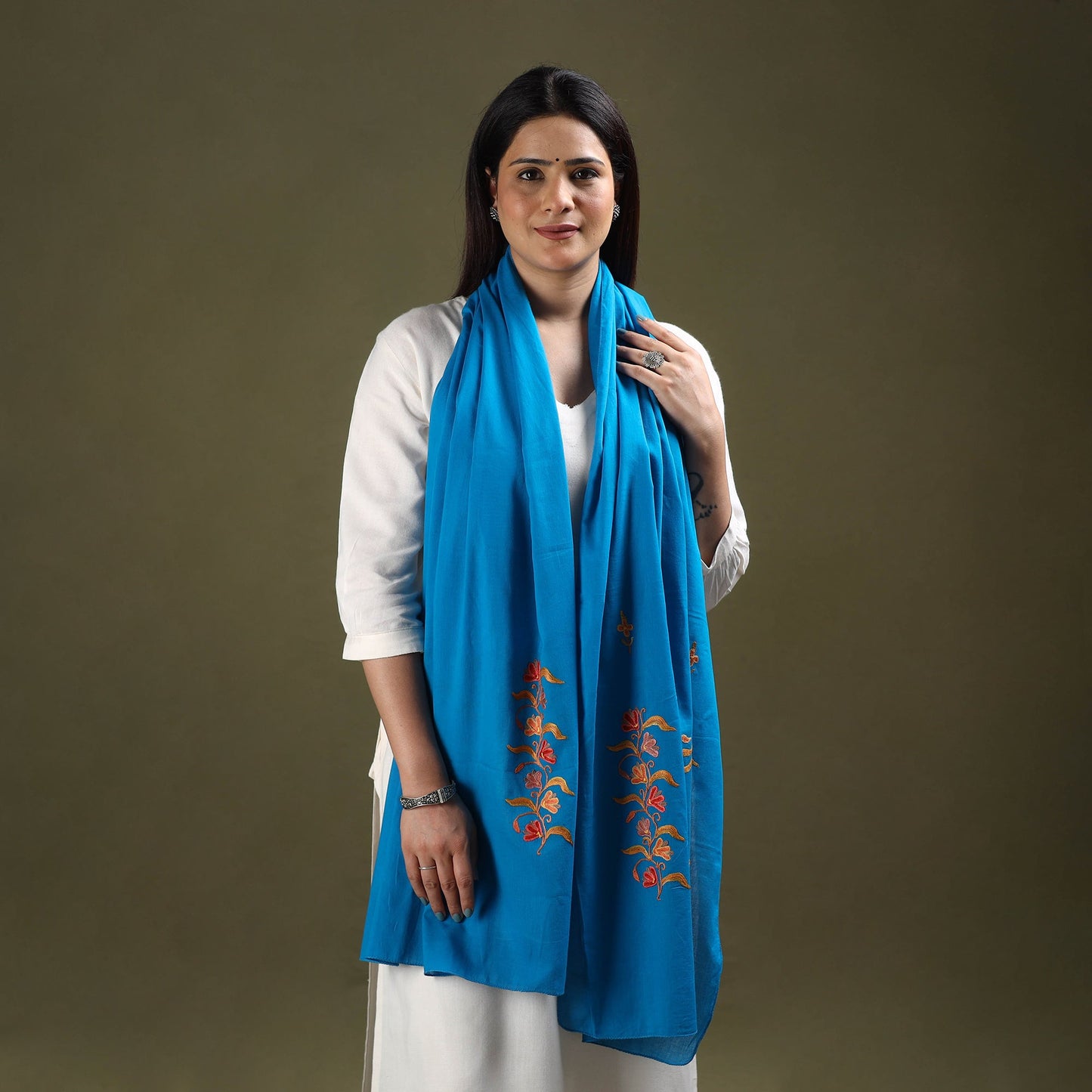 Blue - cotton kashida embroidery stole 06 - handcrafted
