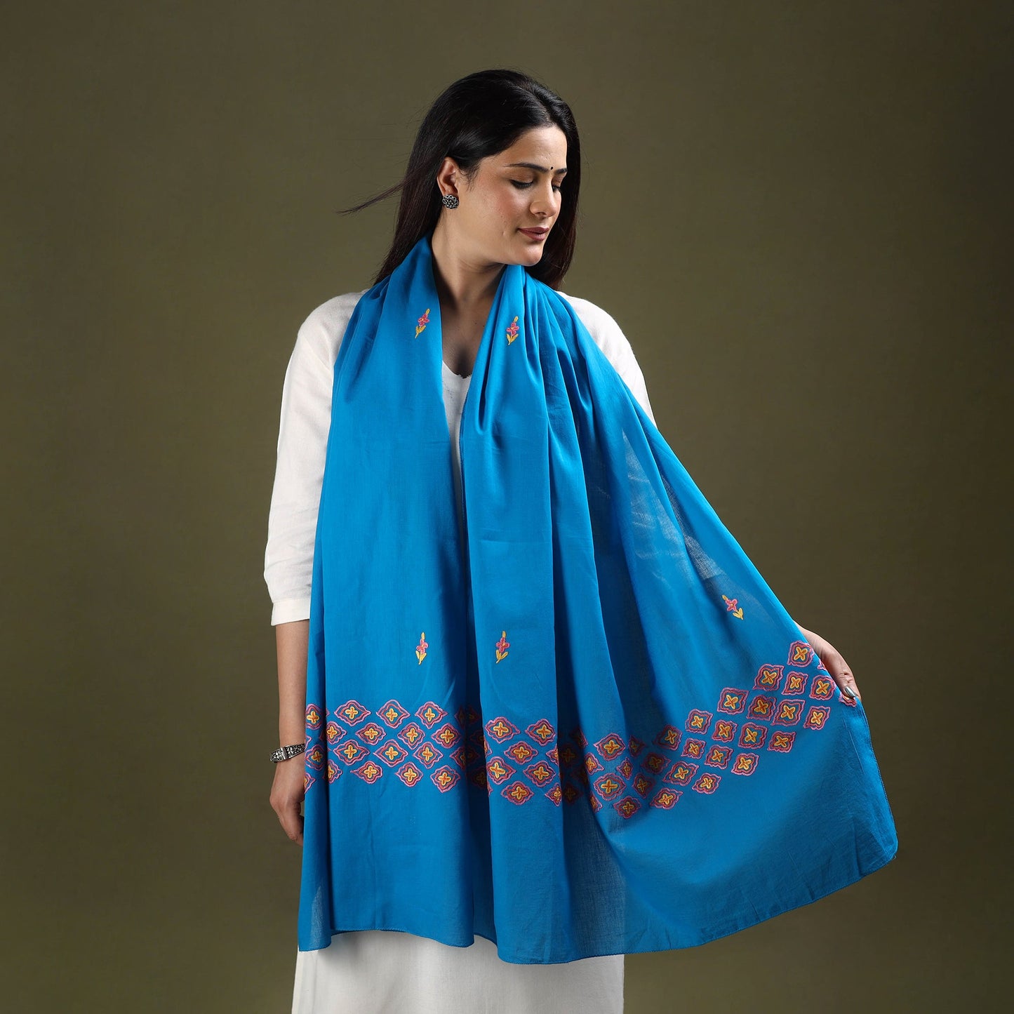Blue - cotton kashida embroidery stole 10 - handcrafted