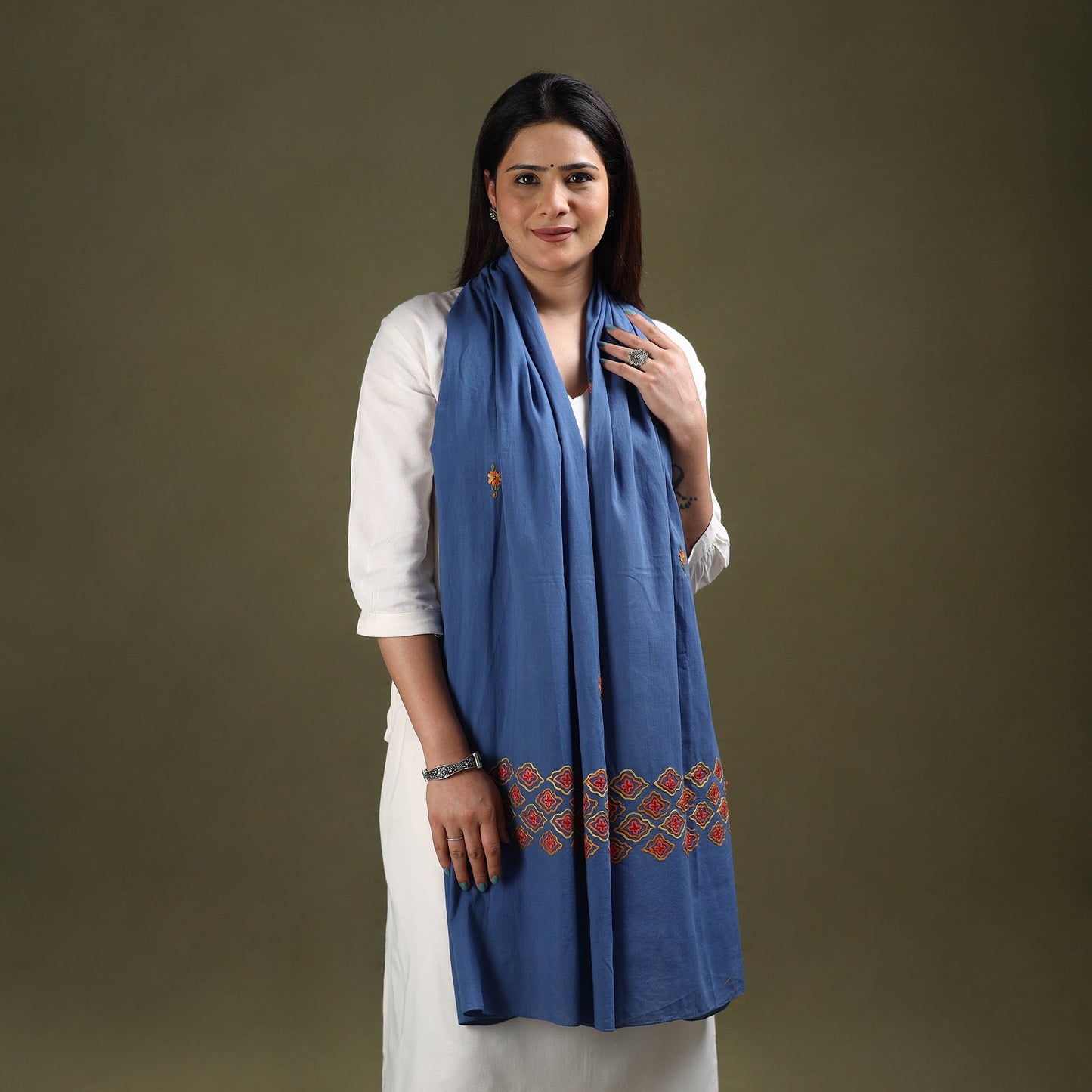 Blue Cotton Kashida Embroidery Stole