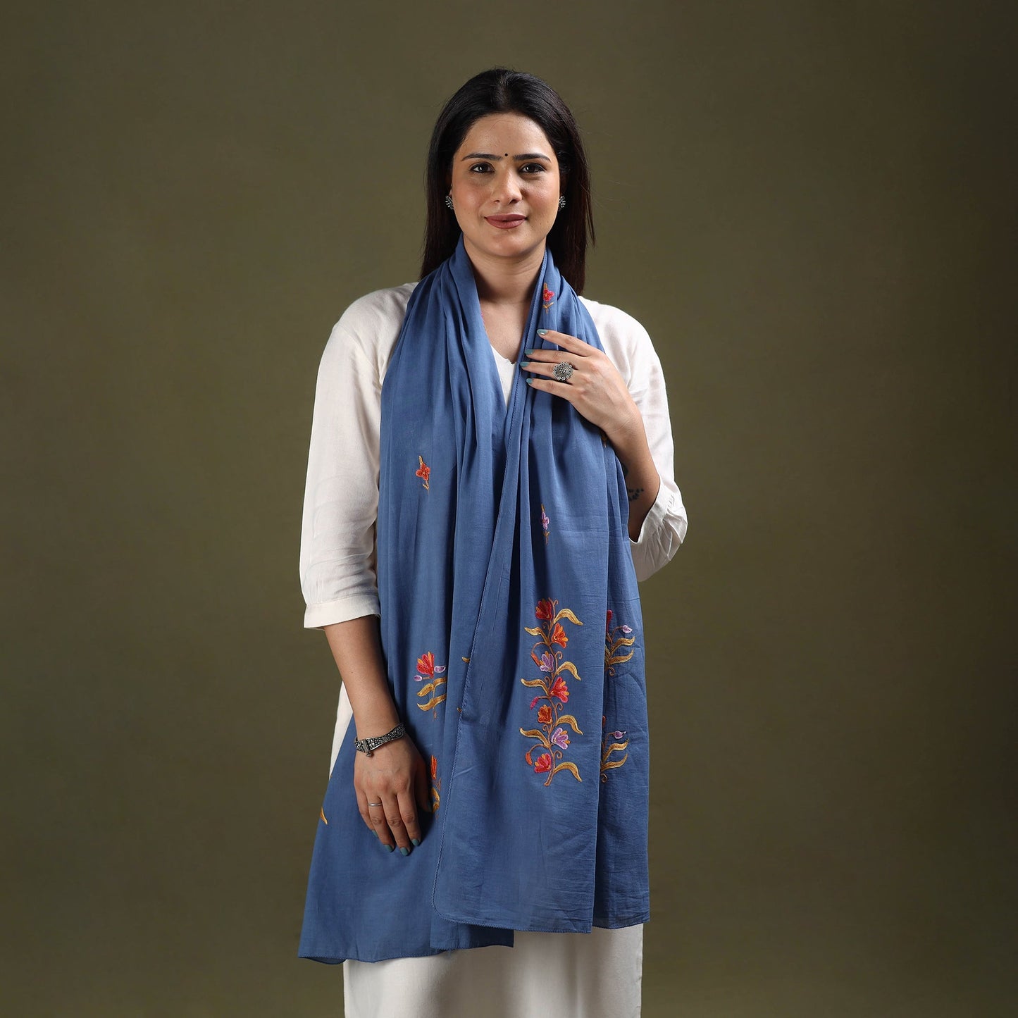 Buy Blue Cotton Kashida Embroidery Stole