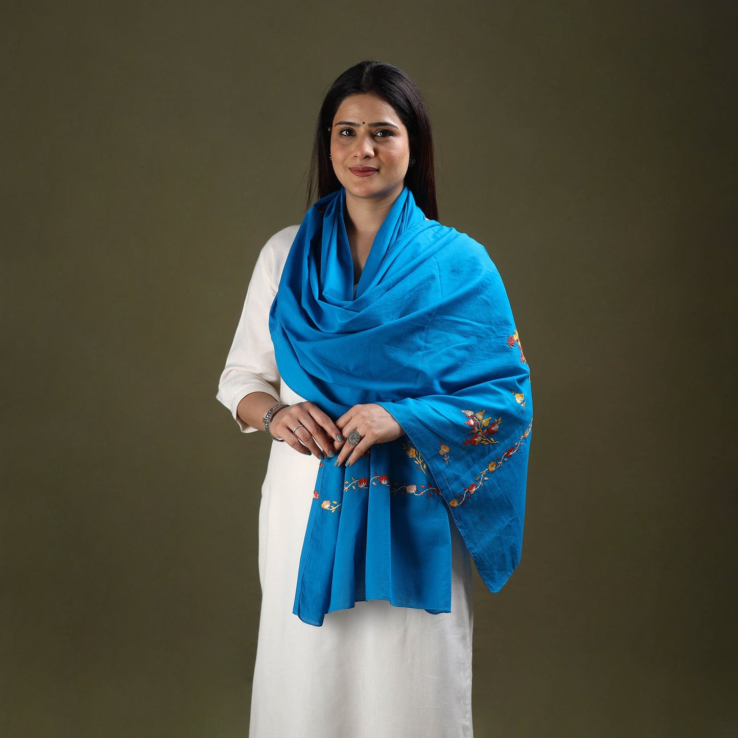 Buy Blue Cotton Kashida Embroidery Stole