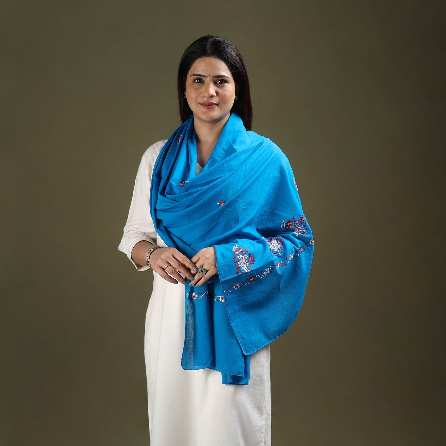 Blue - cotton kashida embroidery stole 24 - handcrafted