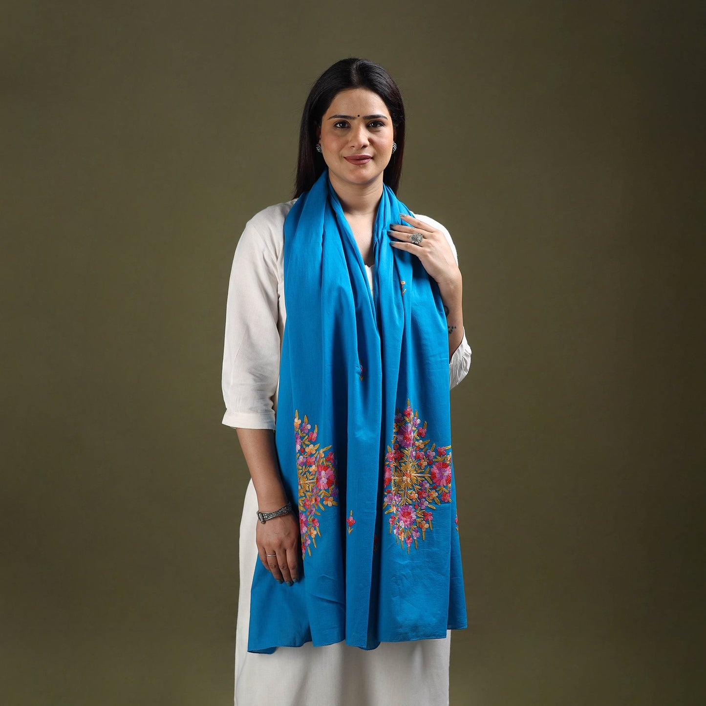 Blue - cotton kashida embroidery stole 27 - handcrafted