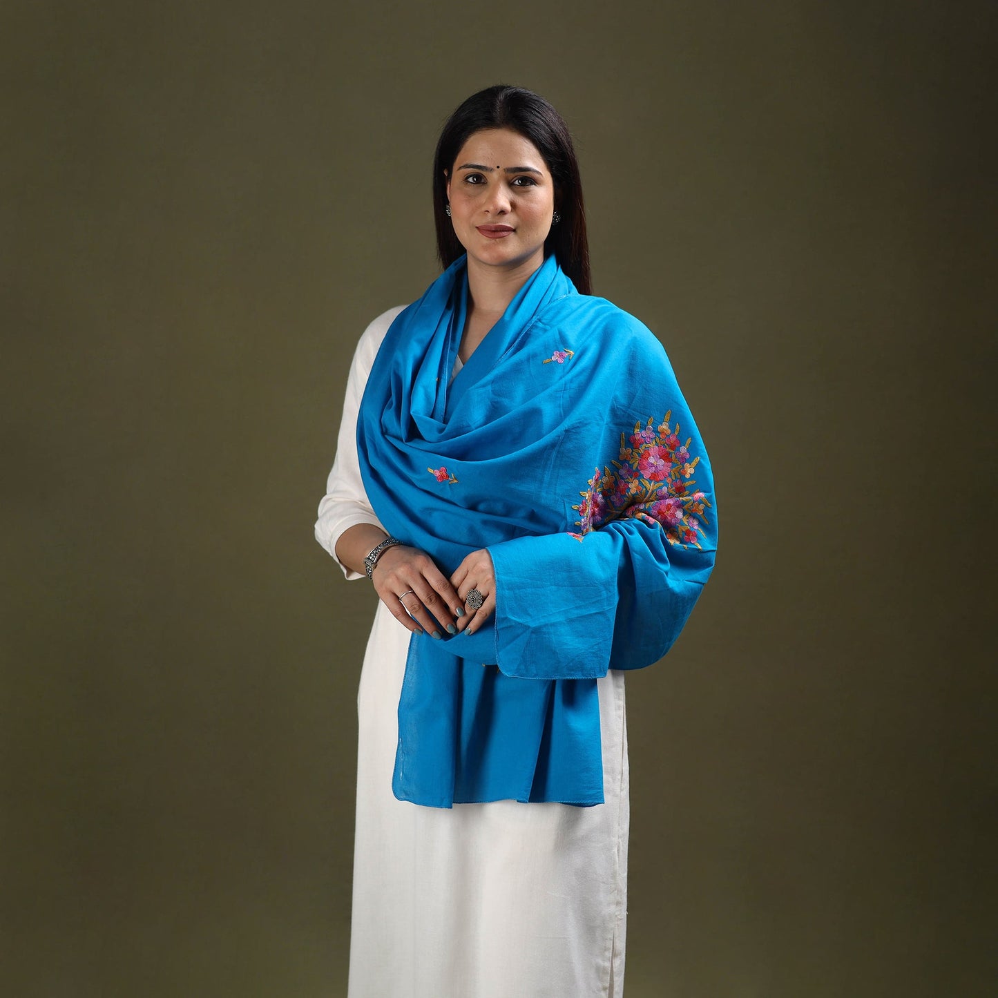 Blue - cotton kashida embroidery stole 27 - handcrafted