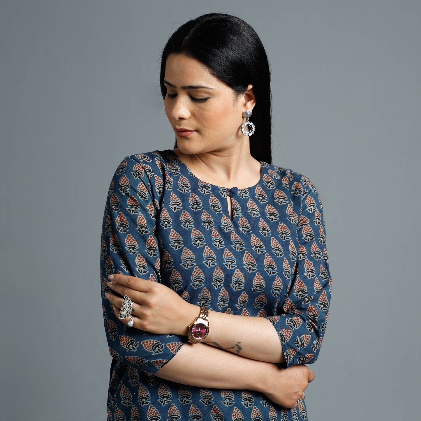 Ajrakh Block Printed Cotton Long Kurta for Women