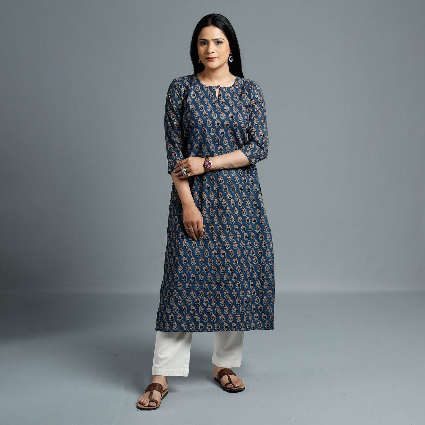 Ajrakh Block Printed Cotton Long Kurta for Women