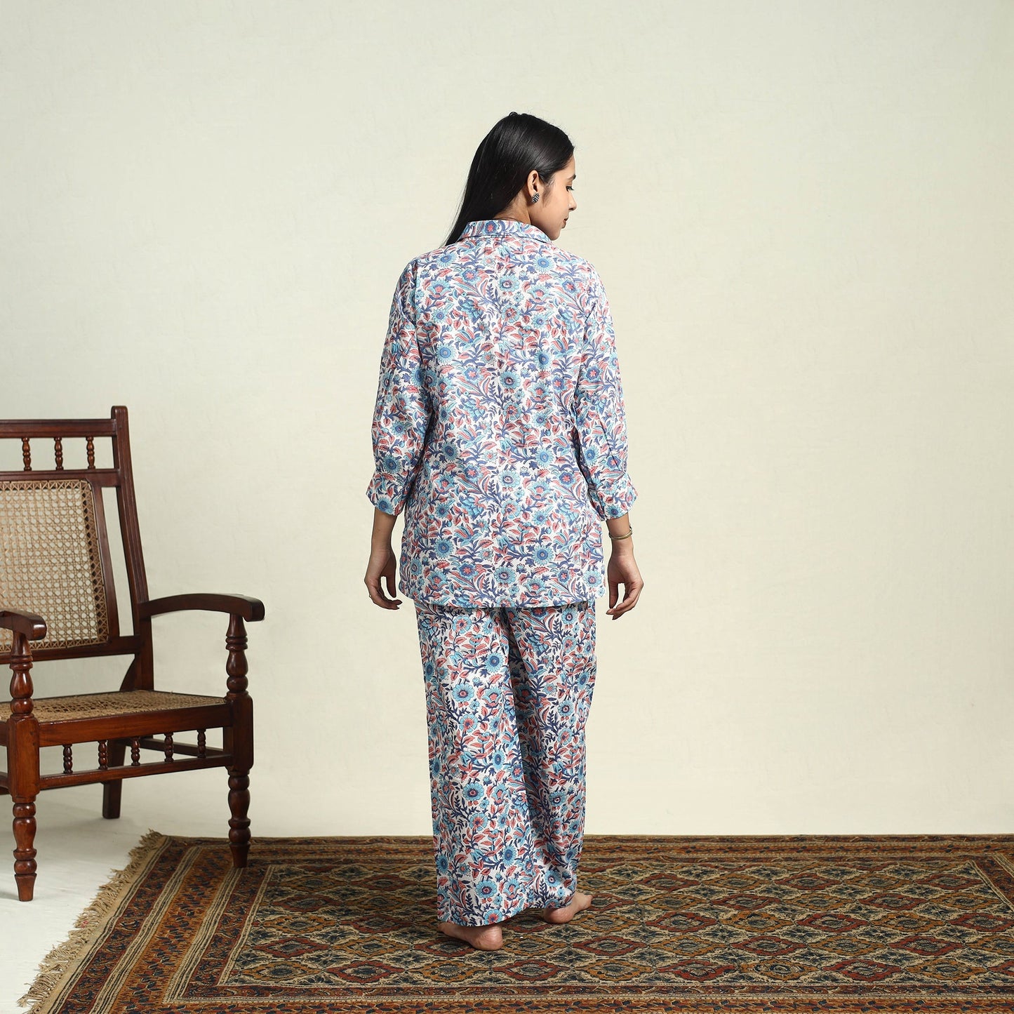 Blue Cotton Sanganeri Block Print Night Suit Set