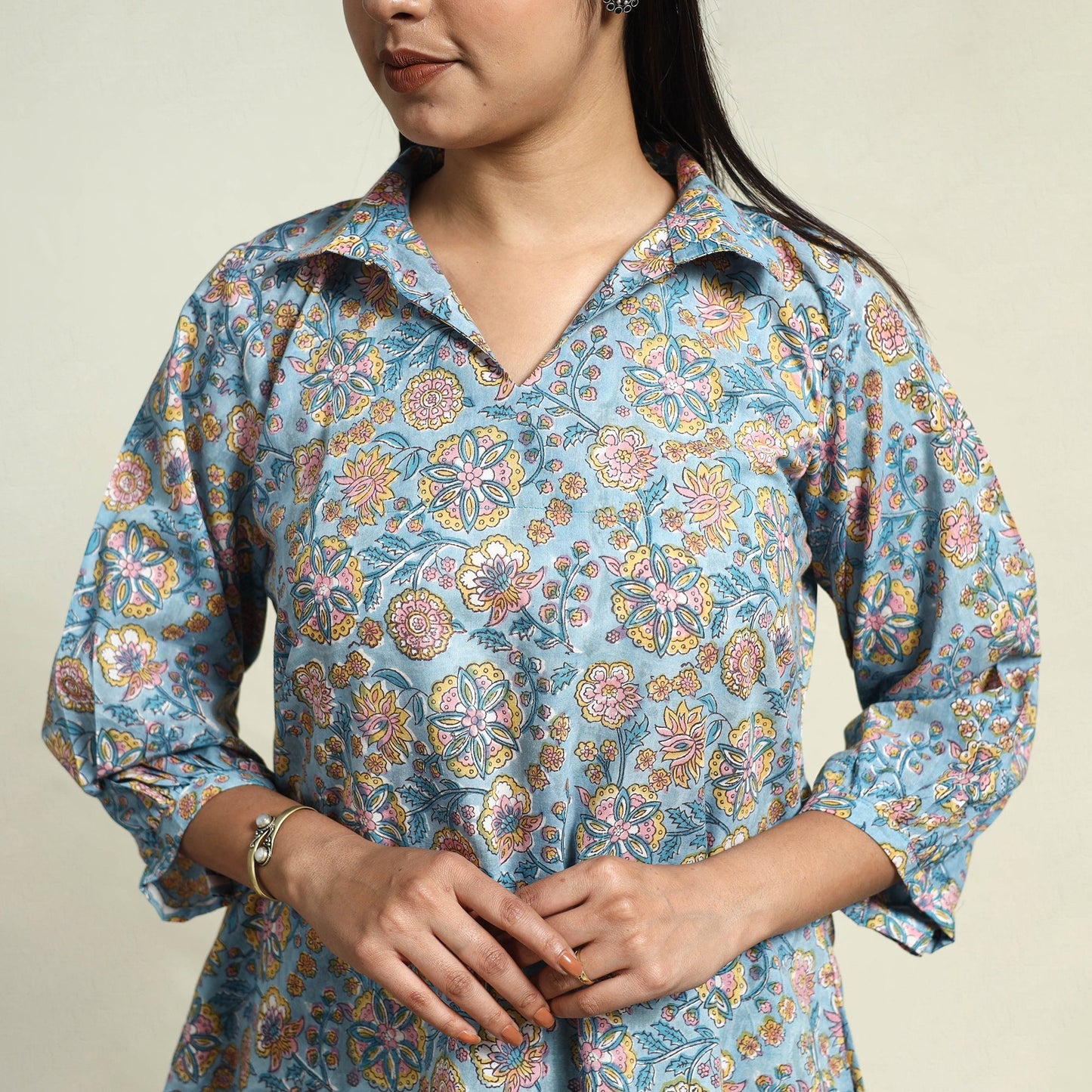 Cotton Blue Sanganeri Block Print Night Suit Set Online